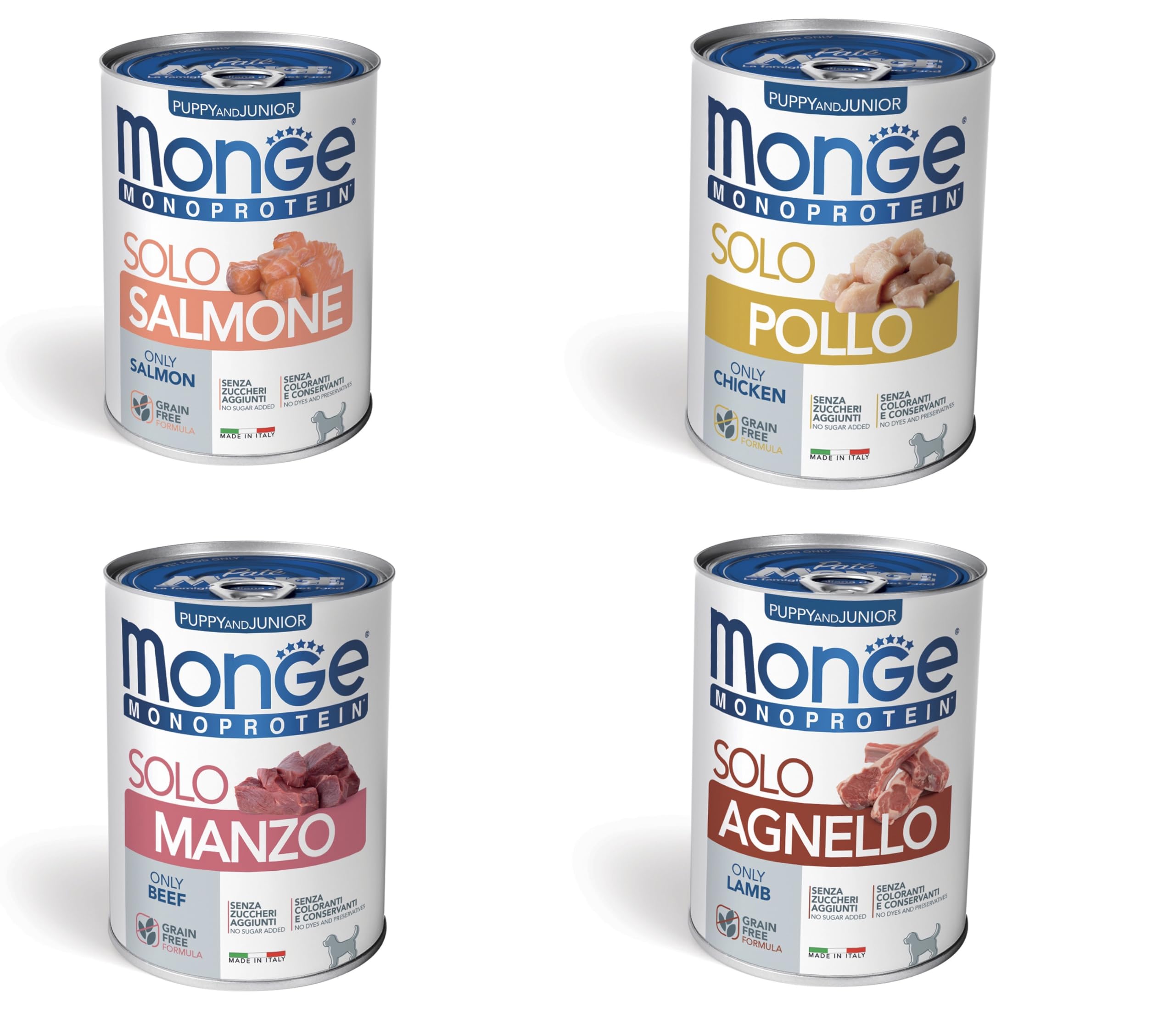 Monge Monoprotein Paté per Puppy and Junior, Gusti Misti Salmone, Pollo, Manzo e Agnello, Grain Free, 24 scatolette da 400 g