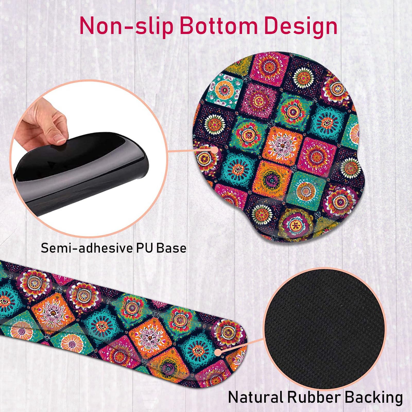 Repose-poignet pour clavier et souris avec dessous de verre - Base antidérapante en polyuréthane avec mousse à mémoire de forme ergonomique surélevée pour taper et soulager la douleur - Mandala floral