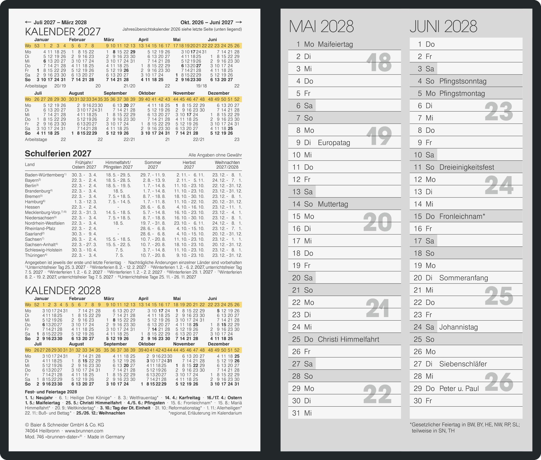 BRUNNEN Taschenkalender Mod. 746 2027 | A6, Leder, schwarz