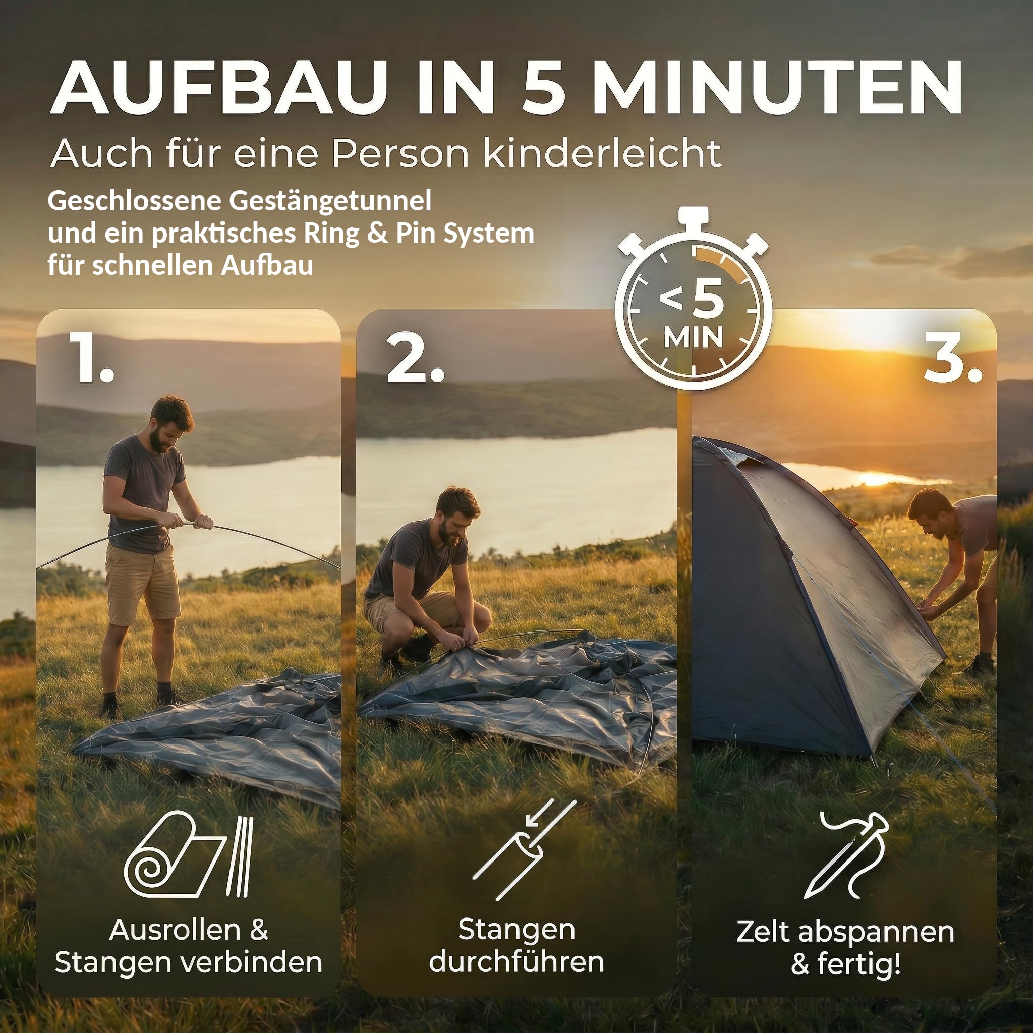 your GEAR Monza Zelt 4 Personen – Schnellaufbau Campingzelt – Festivalzelt wasserdicht & UV50+ – Igluzelt mit dunkler Schlafkabine, Moskitonetz & Fenster – leichtes Kuppelzelt für Camping & Festival