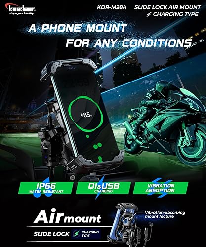 Miniatura 2 de Kaedear Soporte para teléfono inteligente para motocicleta, absorción de vibraciones, QI, carga inalámbrica, alimentado por USB, impermeable,