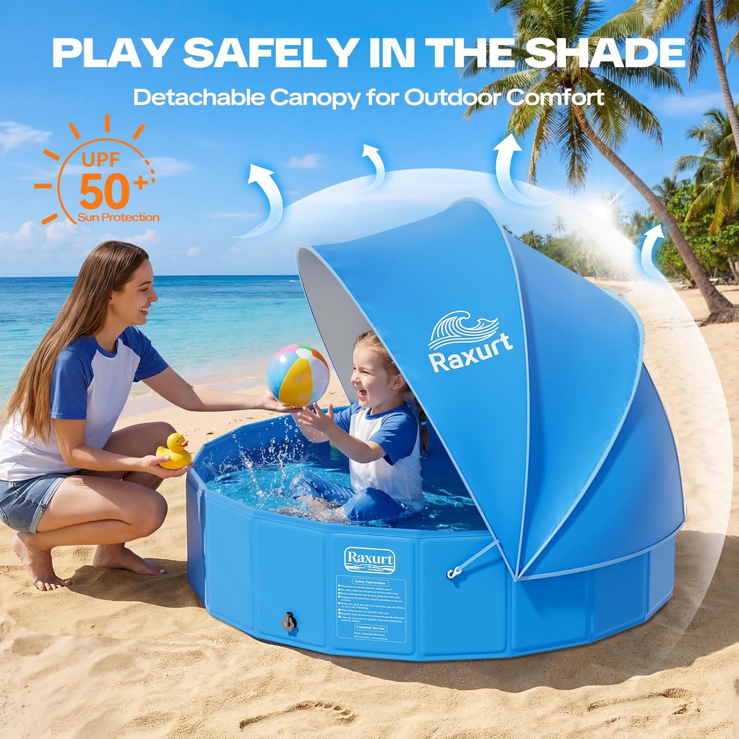 47in Kiddie Pool with Canopy - Foldable Toddler Pool with Detachable UPF 50+ Sunshade, Portable Non-Slip Kids Swimming Pool Collapsible Dog Pool for Outdoor Backyard Beach