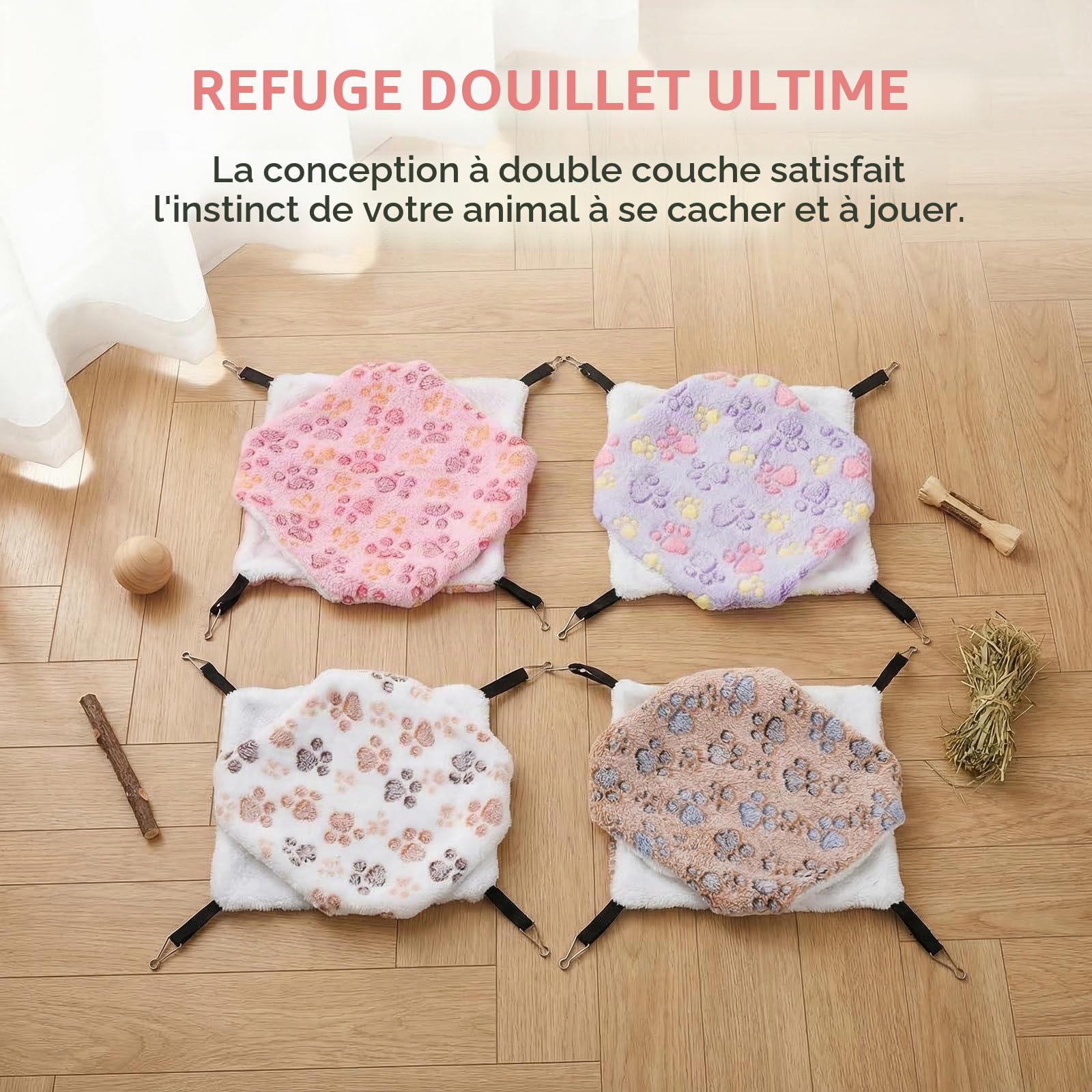 Amexo 4 Pcs Hamac Double Couche pour Petits Animaux de Compagnie - Suspendus pour Furet, Hamster, Rat, Écureuil, Chinchilla, Cochon d'Inde (30 x 30 cm, Empreinte de Patte)