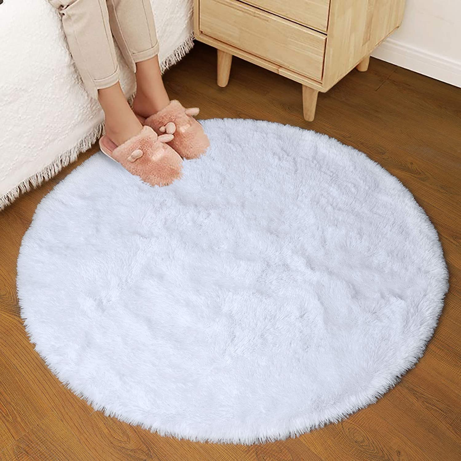 Tenekee Round Rugs for Bedrooms Fluffy Living Room Circle Area Rug Soft Shaggy Carpet for Kids Room Floor Mat(White, 120cm) - Image 3