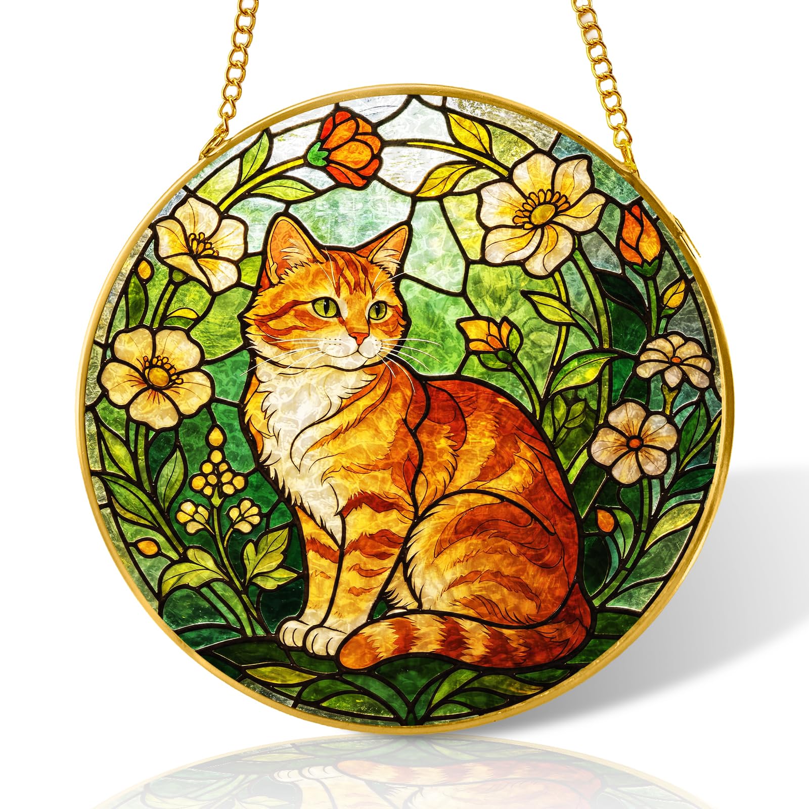 8 inch Cat Stained Glass Suncatcher Windows Hanging,Stained Glass Ornament Home Decor,Suncatchers for Windows Hanging,Birthday Gifts for Women,Lovers,Friend(Gold)