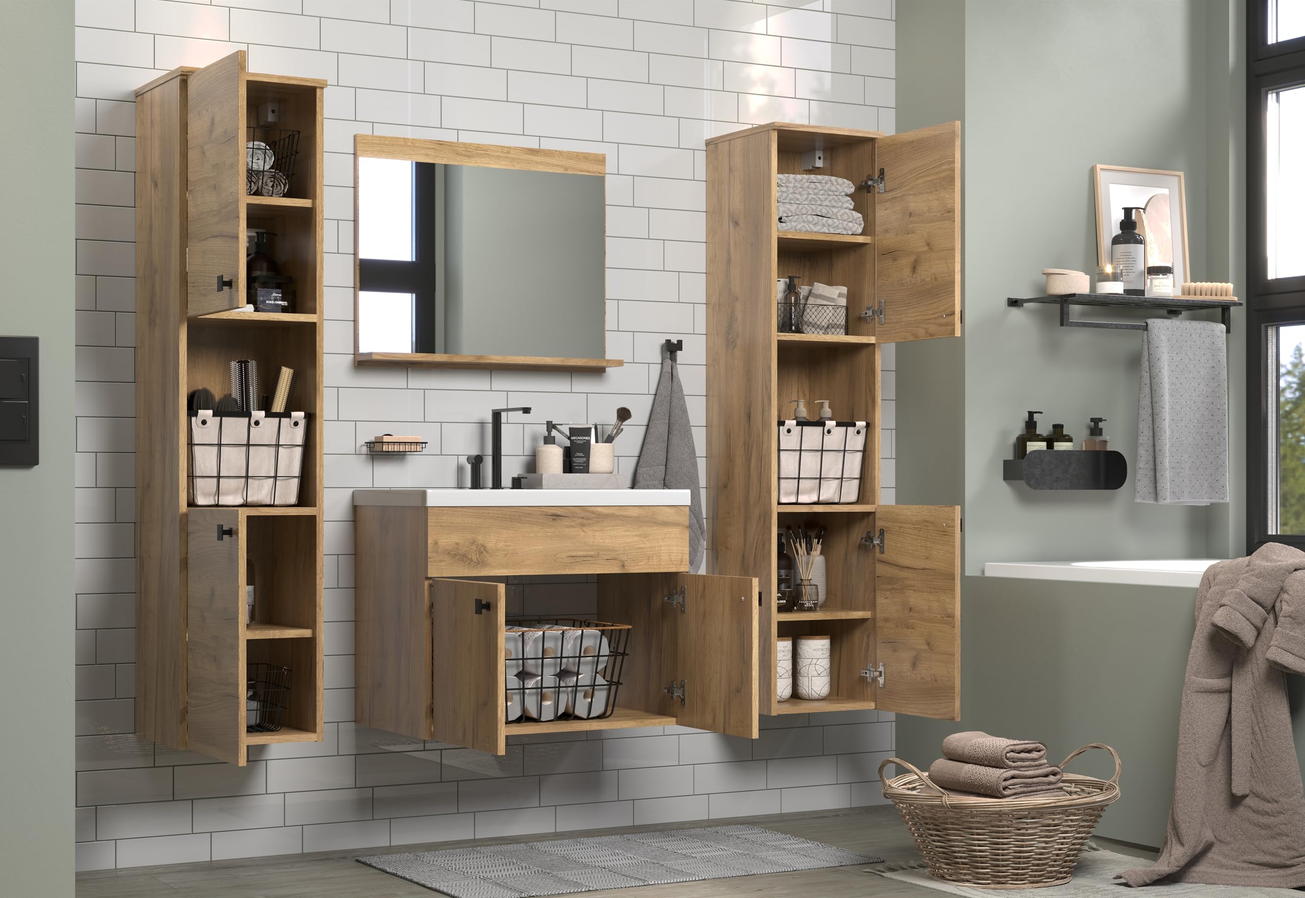 trendteam smart living - Haven - zestaw mebli łazienkowych - dąb - (szer. x wys. x gł.) 142 x 133 x 40 cm - wisząca szafka pod umywalkę wraz z ceramiczną umywalką wkładaną 2 wysokie szafki 1 lustro