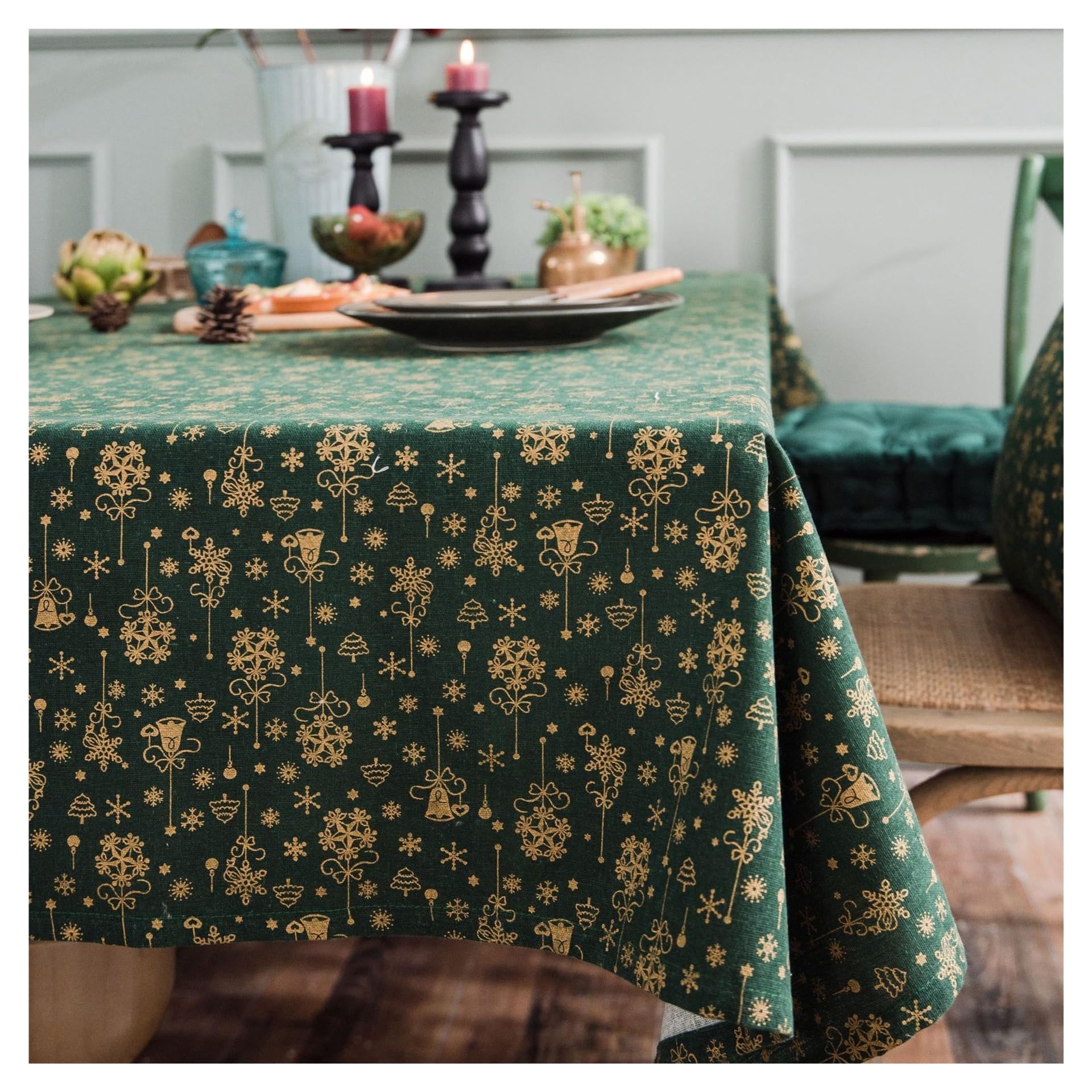 EUYIMOMO christmas table cloth rectangular Green gilded wind chime Christmas tablecloth, printed cotton and linen holiday table decoration christmas rectangle tables(140 * 140)