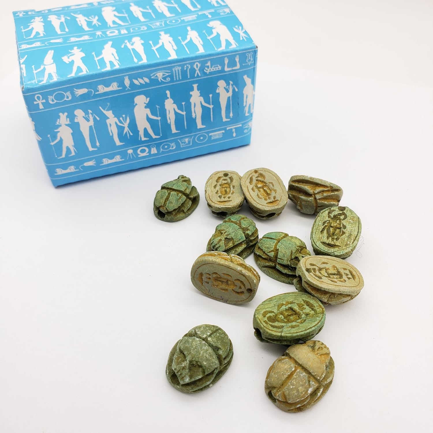 Made in Egypt - Hand Carved Fine Scarab Beads - .5" - Blue/Green - Set of 12 - Ancient Egyptian Collectible
