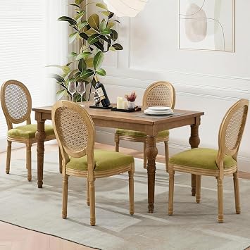Rattan Back Upholstered Dining Chairs Set of 4 French Country Oval Kitchen Side Chairs with Wood Legs for Dining Room, Kitchen, RestaurantOlive Green-Rattan