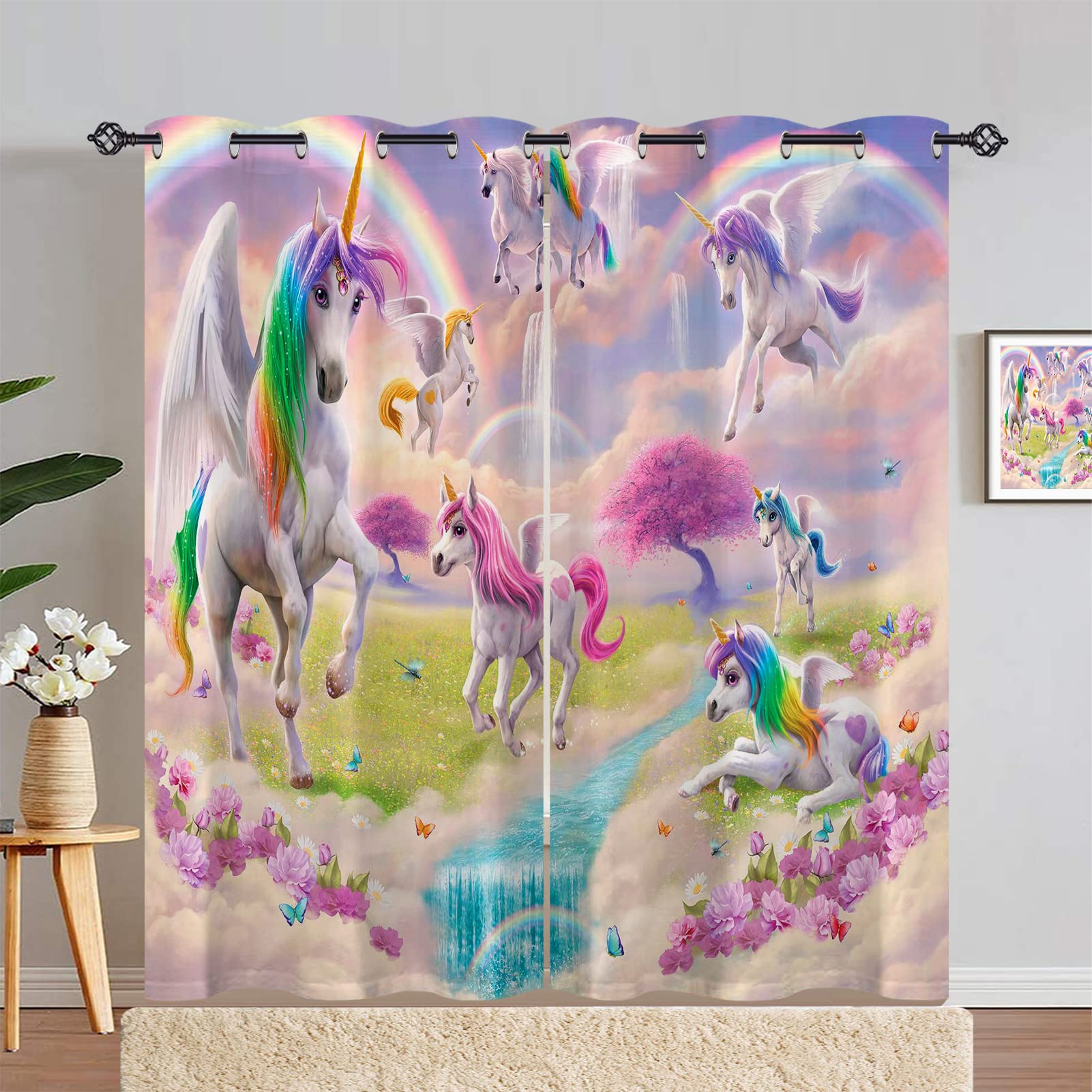 ANHOPE Unicorn Curtains Eyelet Thermal 80% Blackout Curtains with Rainbow Unicorn Flower Print Pattern Soundproof Privacy Window Drapes for Kids Girls Bedroom Living Room 55 x 84 Inch Drop 2 Panels โ image 1