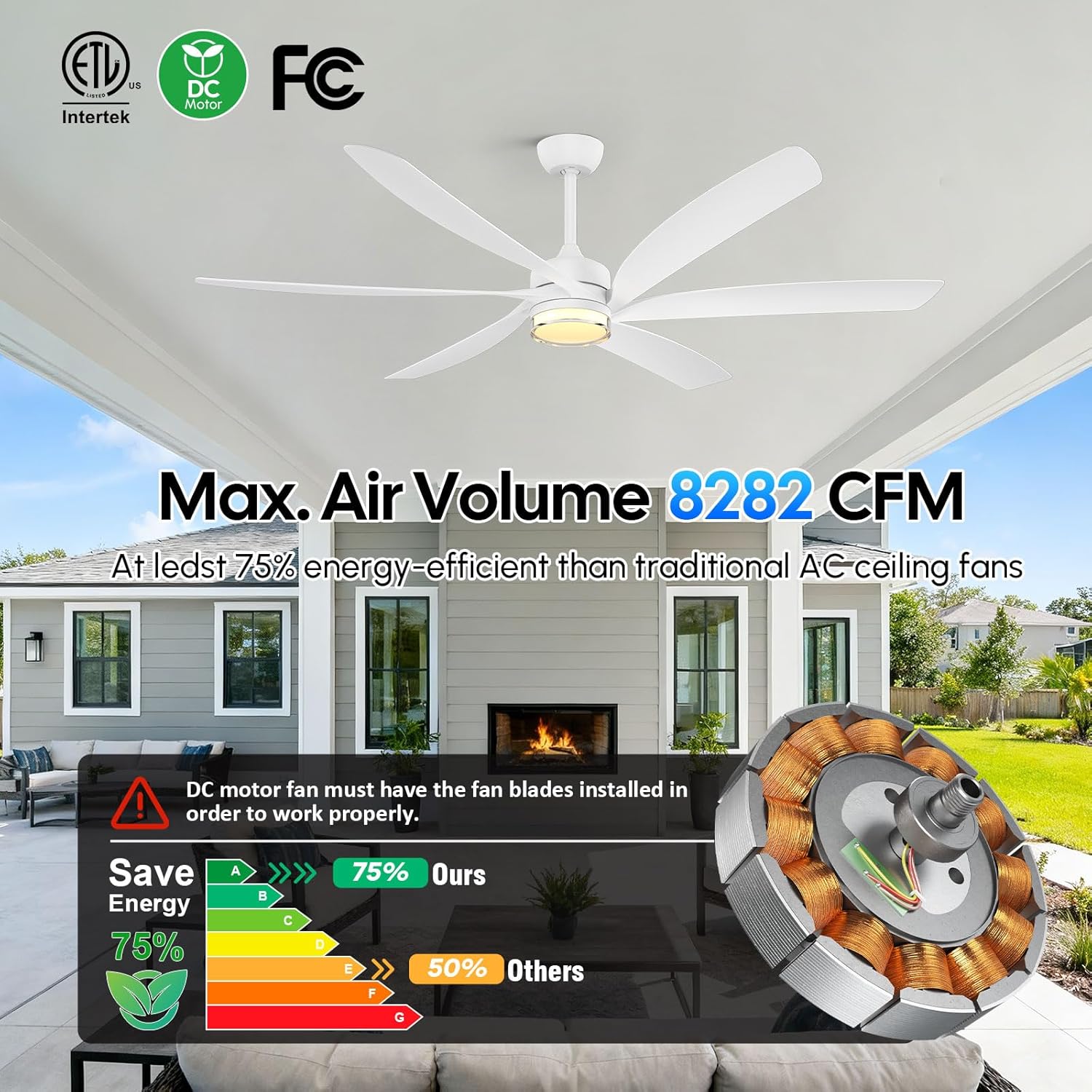64 Inch Outdoor Ceiling Fans for Patios Damp Rated, Modern Smart White Ceiling Fan with Light, Alexa/App/Remote Control, High CFM Propeller Design, 6 Speed, 3CCT, Quiet DC Motor, for Indoor Exterior