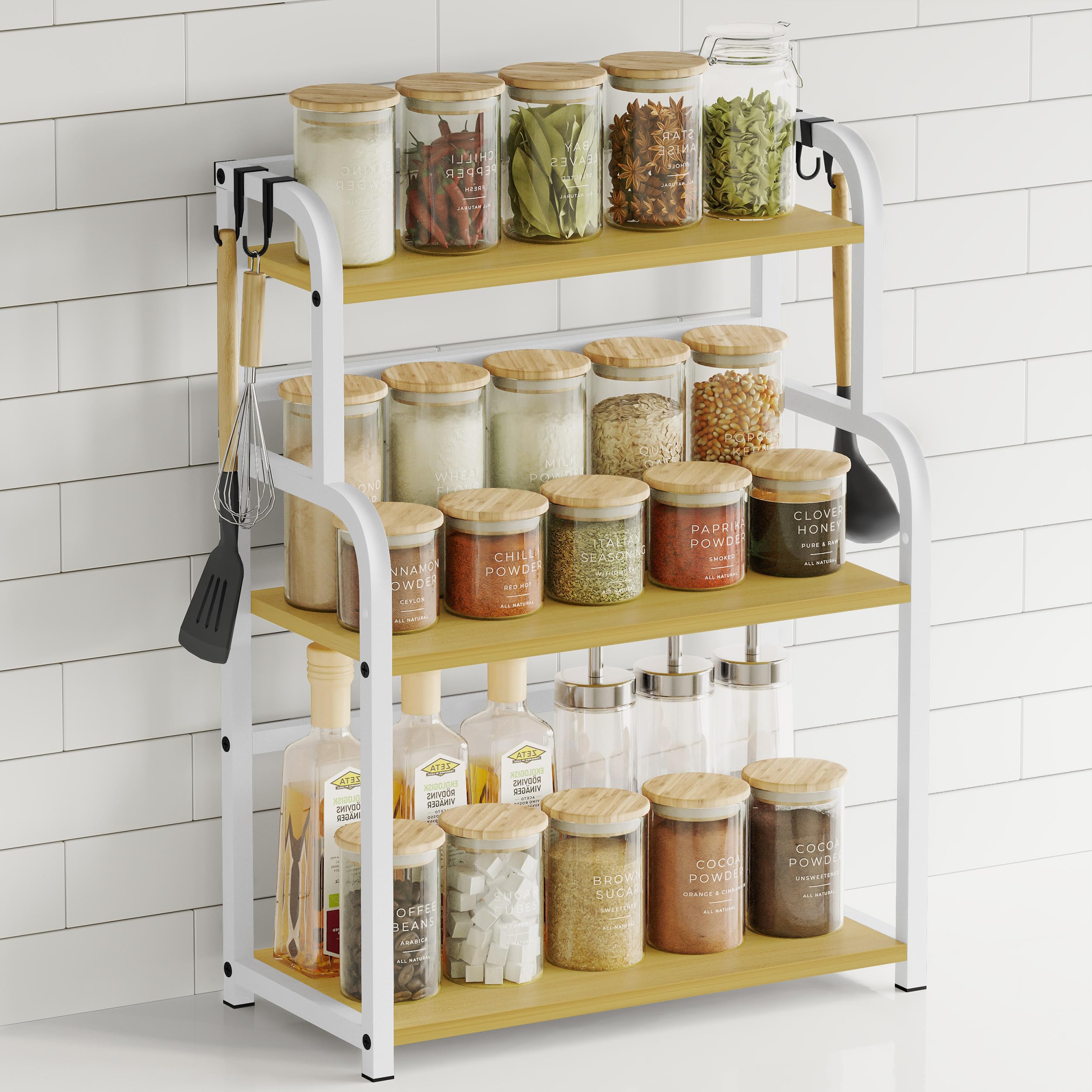 Kitchen Shelf Organiser Coffee Station - Spice Rack Storage Cupboard Organizer White Natural Wooden - 3 Tier Shelves for Counter Top - Small Desk Worktop Organisation Unit Free Standing Coffe Bar