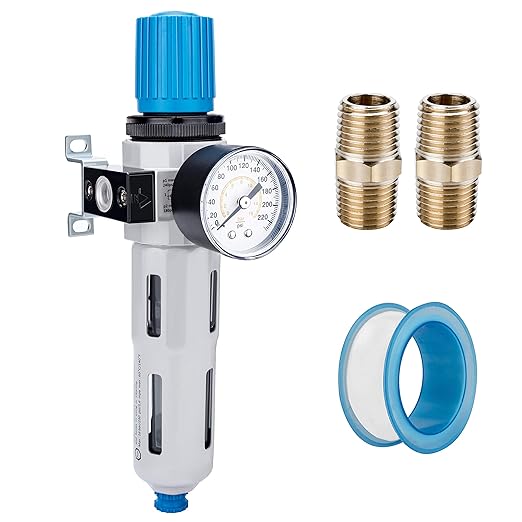 NANPU 3/8" NPT High Pressure Compressed Air Filter Regulator Water/Oil Trap Separator - Gauge(0-230 psi), Poly Bowl,Semi-Auto Drain, Bracket