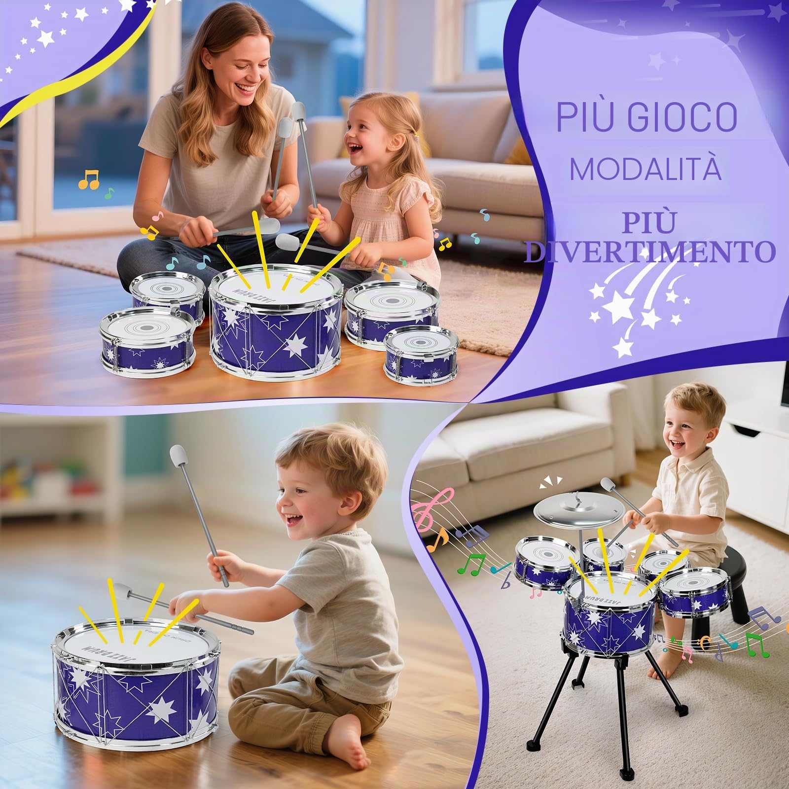 Giocattolo Batteria per Bambini Strumenti Musicali 3+ Anni | Kit Batteria Jazz per Bambini con Sgabello, Giocattolo Musicale per Ragazze Ragazzi di 3 4 5 Anni Regalo