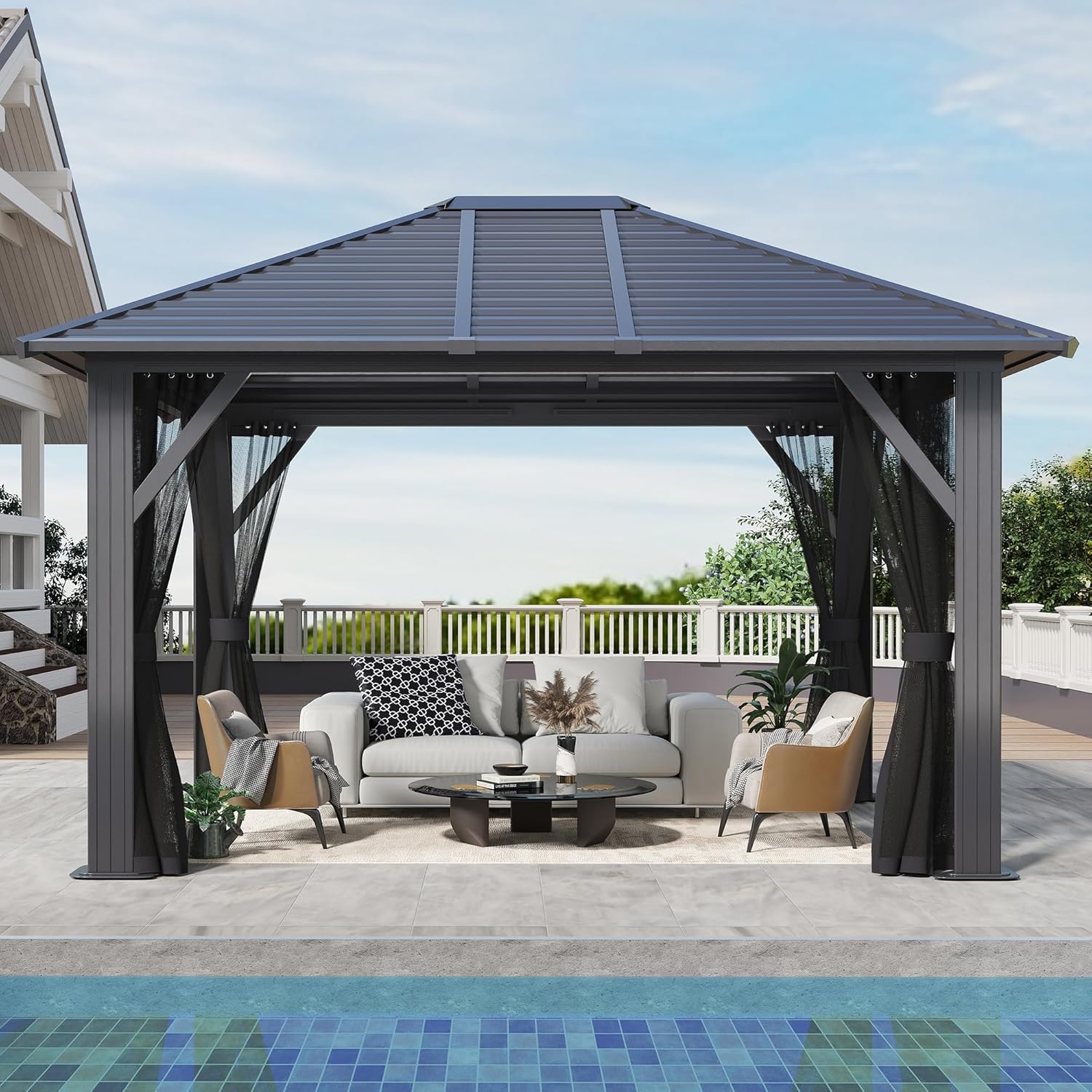 10x12 ft patio hardtop gazebo with breathable mesh (black) by Gartoo