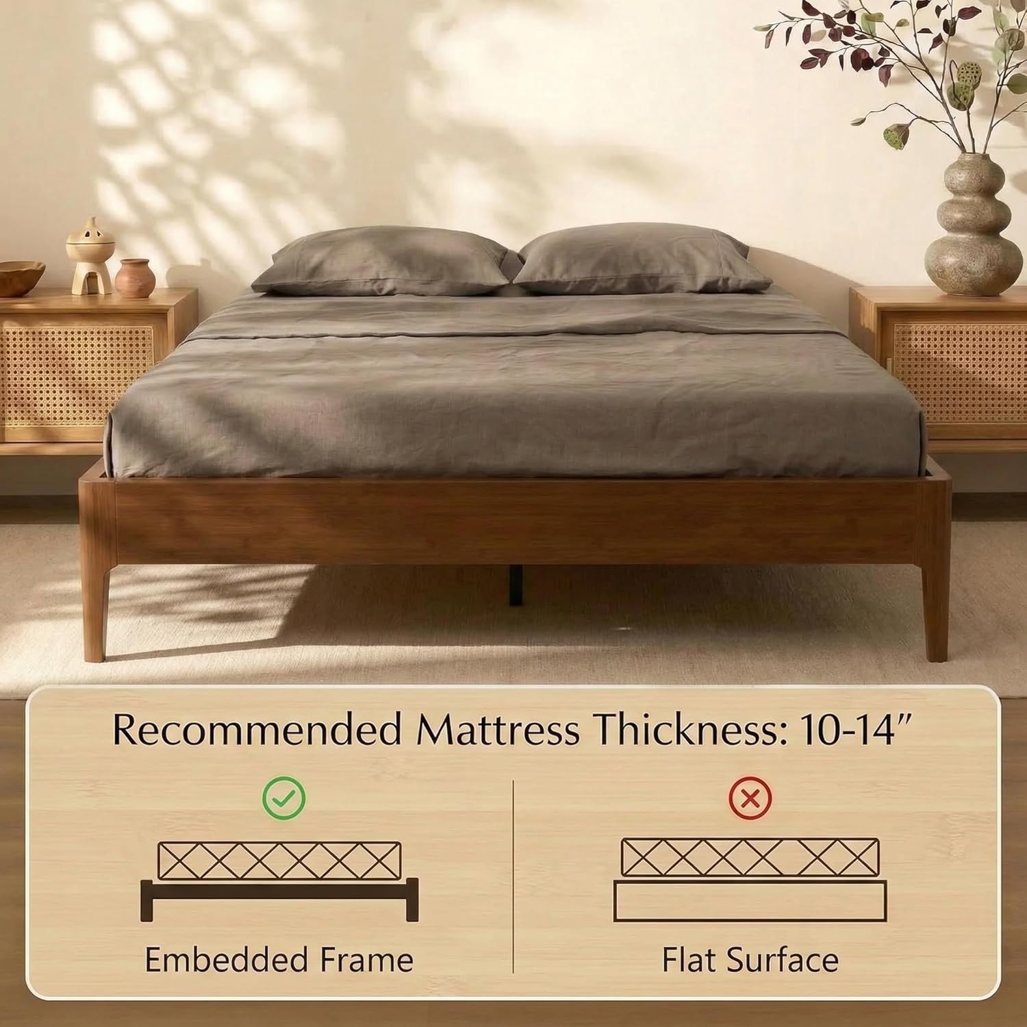 15 Inch Solid Bamboo Wood King Bed Frame, Platform Bedframes Without Headboard, Mid-Century Modern Beds with Under Bed Storage and Wood Slat Support, No Box Spring Needed/Noise-Free, Brown