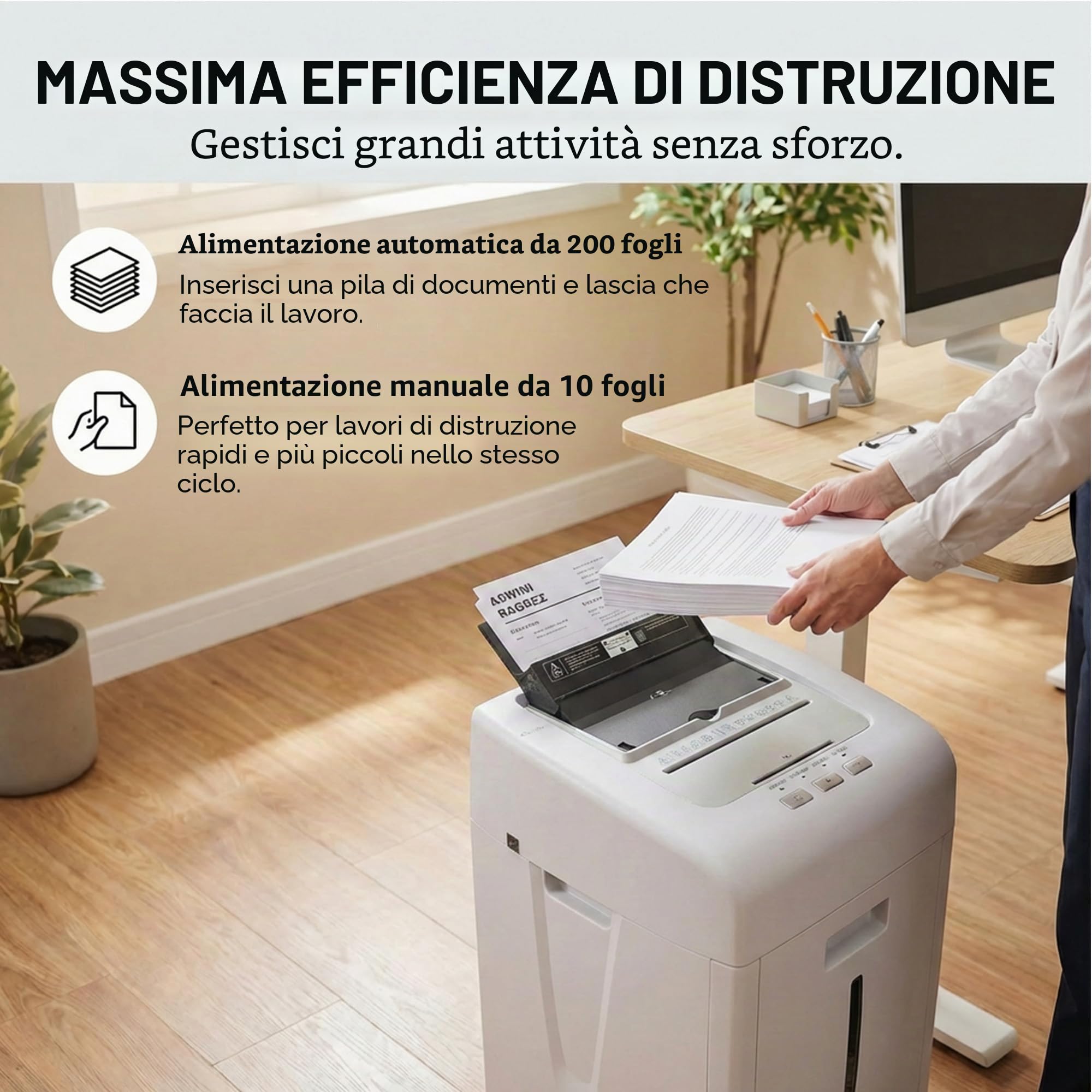 Frantoio Carta 200 fogli: Distruggidocumenti Automatico P5 Micro Taglio 2 x 15 mm Trituratore Carta Elettrica Vassoio 35L CD Schede graffette
