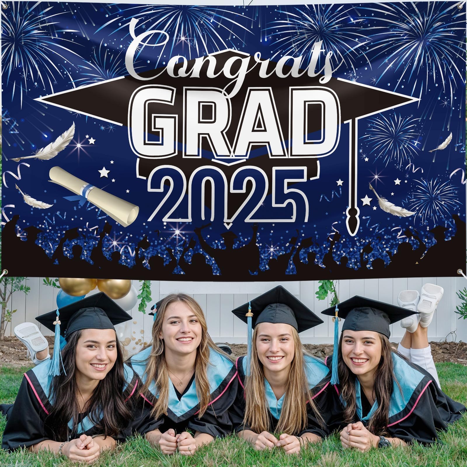 Graduation Banner, Graduation Decorations 2026, Blue Black Banner Graduation, Large Blue Graduations Sign Backdrop - Image 4