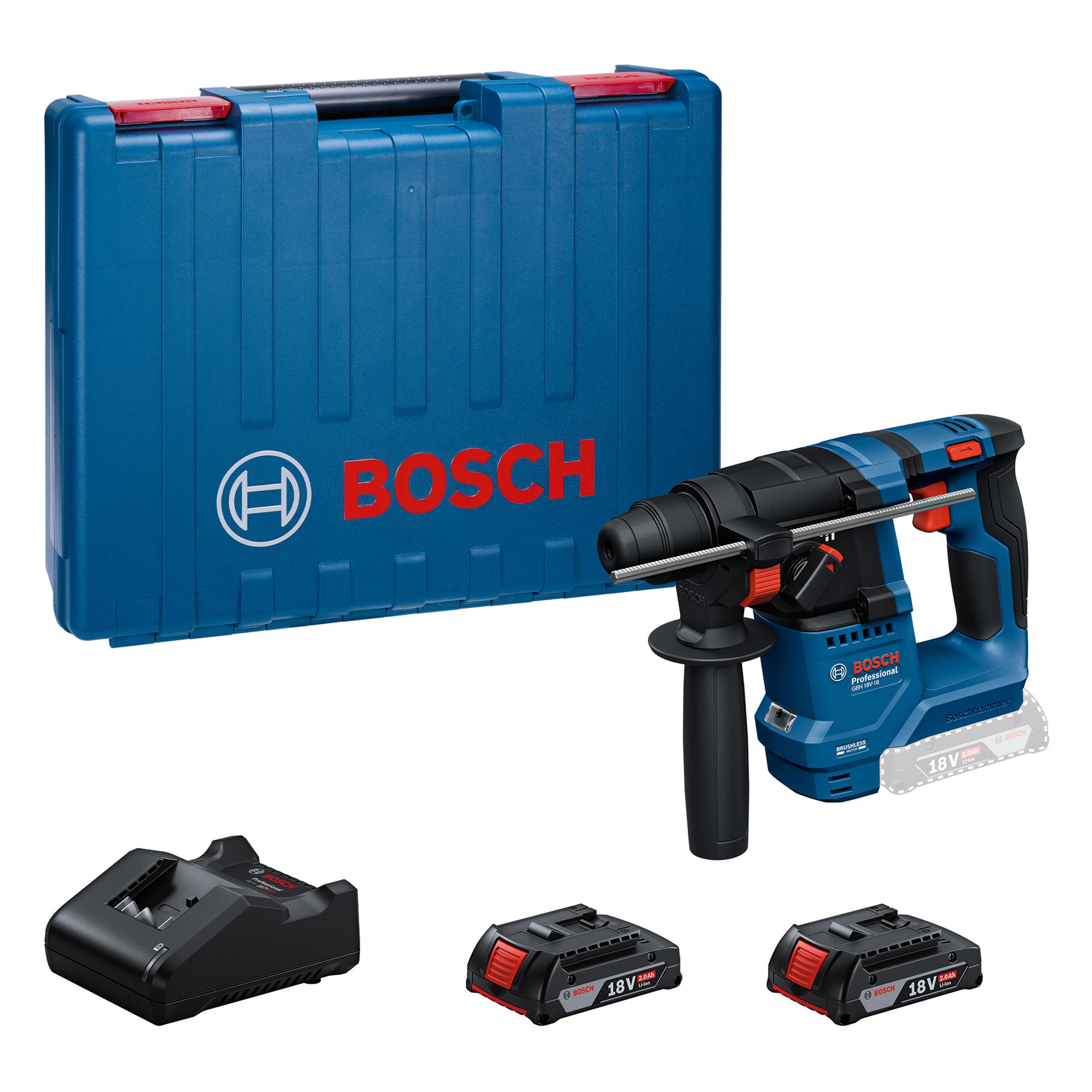 Bosch Professional Blue 18V System Cordless Rotary Hammer Gbh 18V-18 (Sds-Plus, Incl. 2X 2.0Ah, Gal 18V-20)