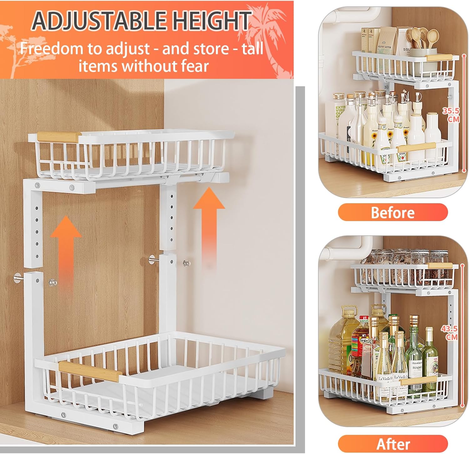 2 Pack 2 Tiers Pull Out Under Sink Organizers, Metal Kitchen Storage Shelf, Pull Out Under Sink Storage Rack, Multi-purpose Under Sink Shelf Organizer for Under Sink Cabinet Bathroom Kitchen (White) - Image 6