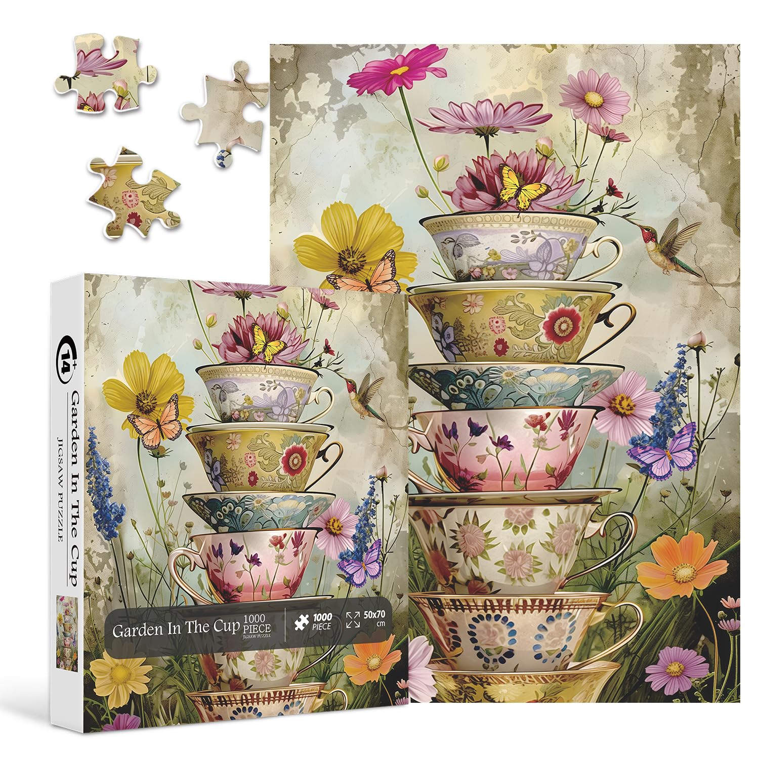 Vintage Flower Cup Puzzle for Adults 1000 Pieces, Nature Challenging Spring Floral Plant Puzzle, Retro Cup Garden Puzzle with Butterfly and Hummingbird as Home Wall Art Decor