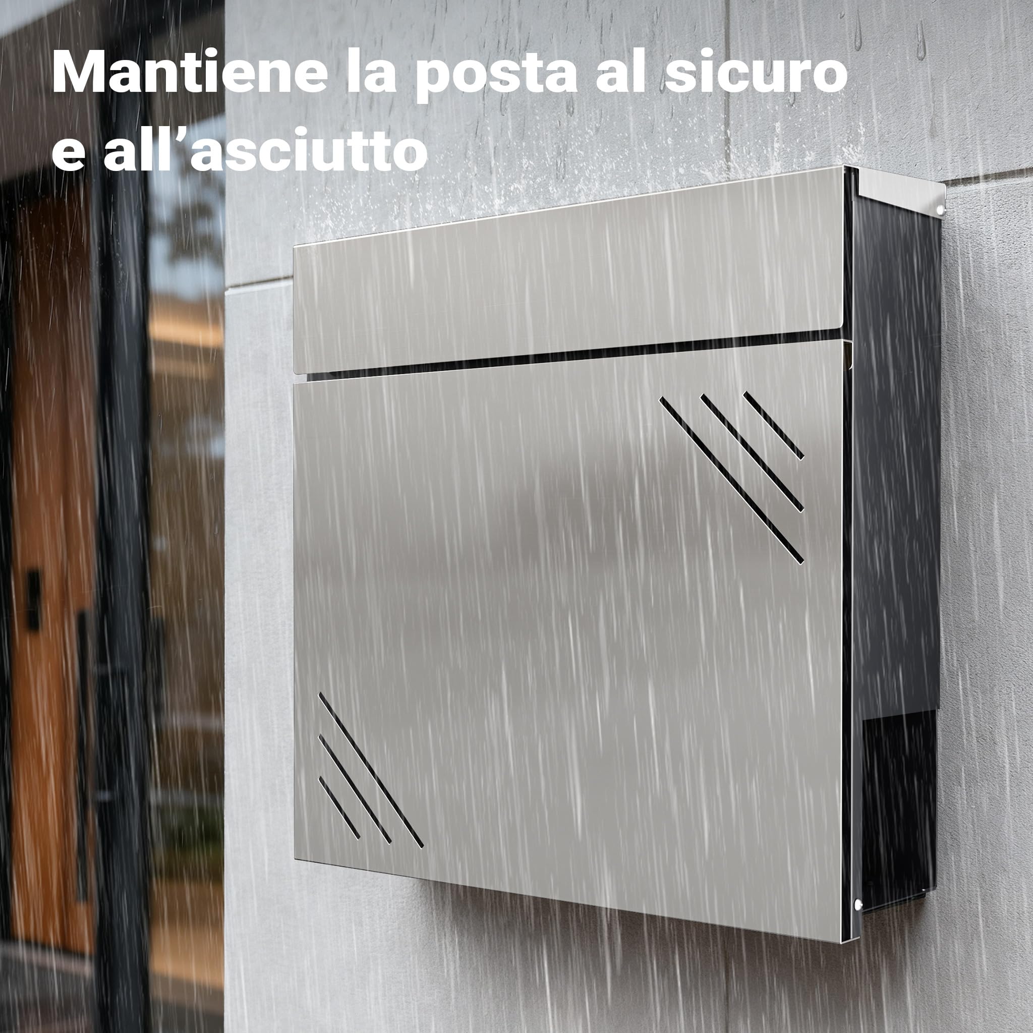 Wiltec Cassetta della posta in acciaio inox V63 37 x 11 x 37 cm, cassetta delle lettere da parete con portagiornali e chiave