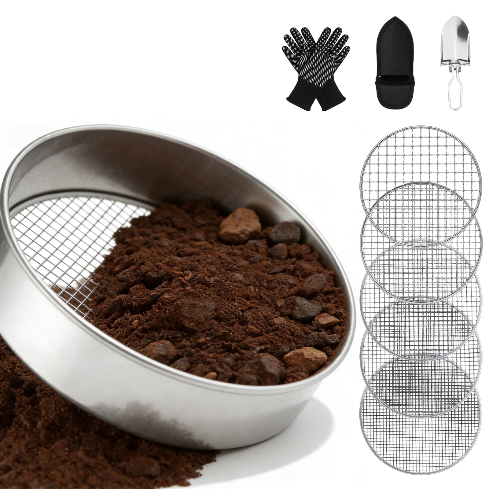 GOMETY Colino da giardino in acciaio inox 5 in 1, colino per compost rotondo, 20 cm, con 5 inserti intercambiabili Ø 3/6/9/10/12 mm, filtro per terra per compost di terra, con paletta da giardino e