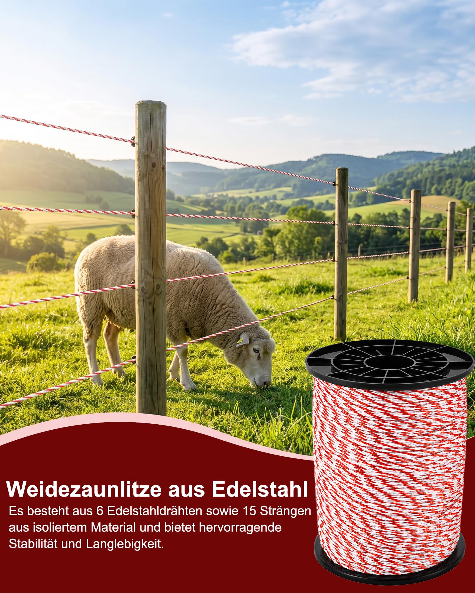Filo di recinzione per tutti i tipi di animali, 500 m, 2 mm, con 6 fili in acciaio inox e 15 fili di corda intrecciata, recinzione elettrica conduttiva per orti, prati e cortili