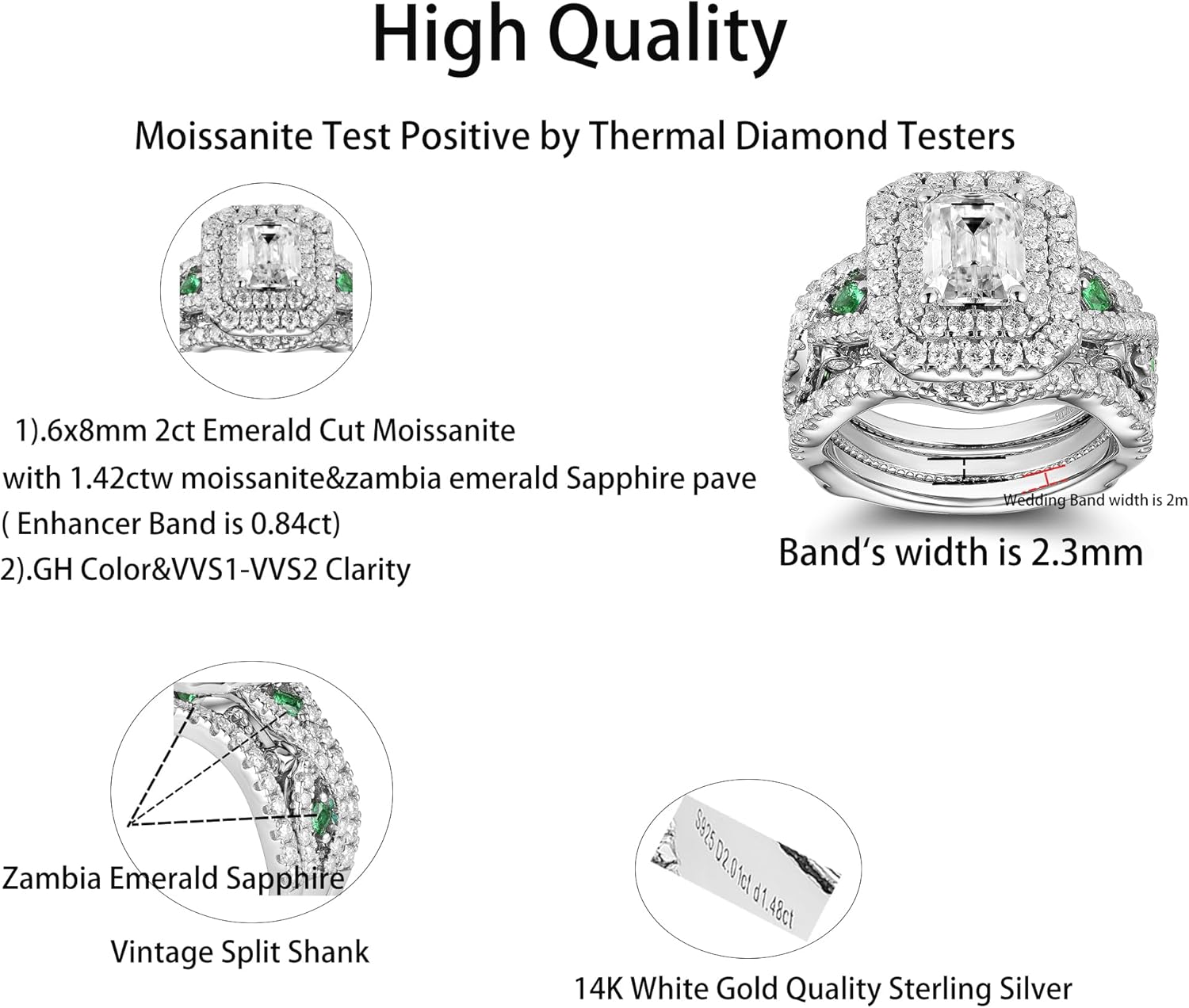 DovEggs Moissanite Enhancer Wedding Ring Set Emerald Cut Moissanite Engagement Ring Zambia Emerald 4.3ct 6x8mm FGH Color Antqiue Double Halo Sterling Silver with 18K White Gold Plated(8)