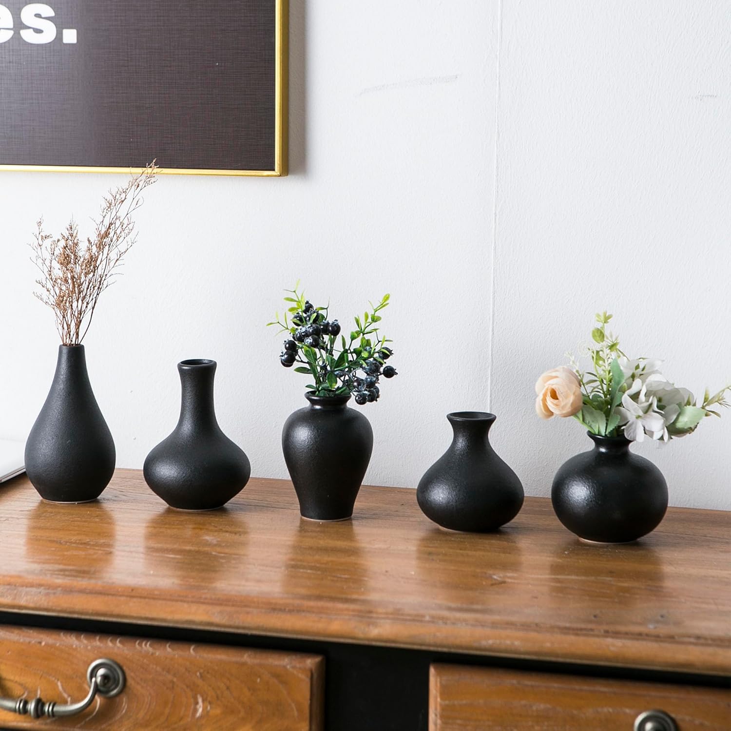 Black Bud Vases, Ceramic Small Vase Set of 5, Mini Vases for Fresh and Dried Flowers, Modern Home Decor, Pottery Centerpiece Table Decorations