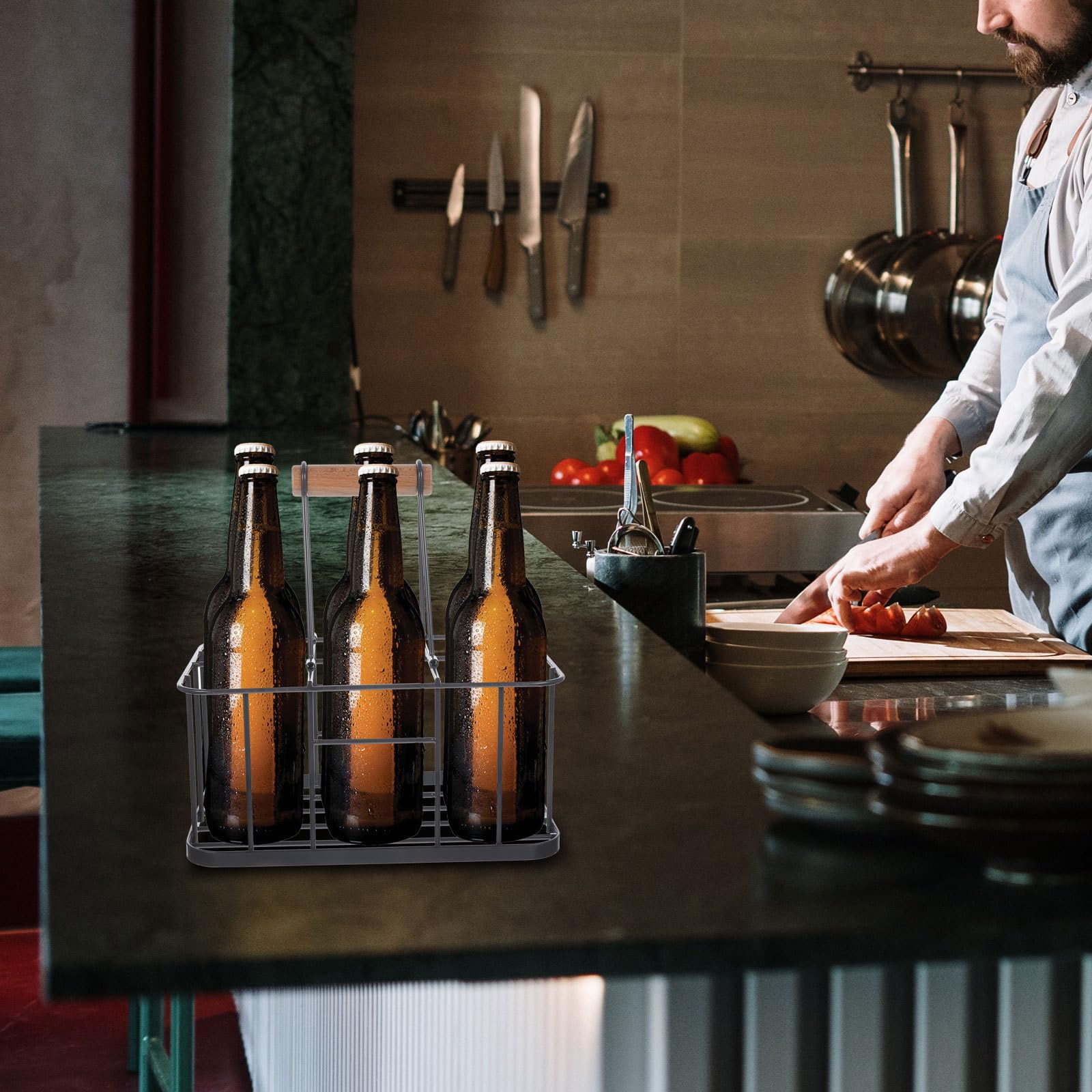 Portabottiglie Birra in Ferro Manico, Organizer per Bottiglie Facile da Trasportare, Struttura in Legno e Ferro per Bar e Ristoranti