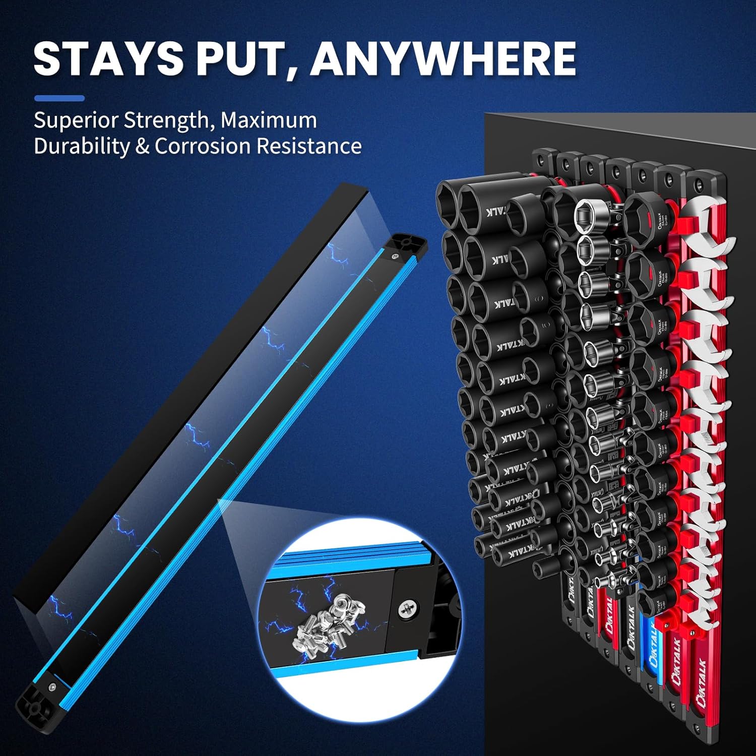 8PC Magnetic Socket Organizer Set, for 1/2″ 3/8″ 1/4″ Drive with 3 Black 3 Red 2 Blue Trays, 360° Swivel Removable Clips, Heavy Duty Aluminum Alloy Rail for Tool Box Drawer