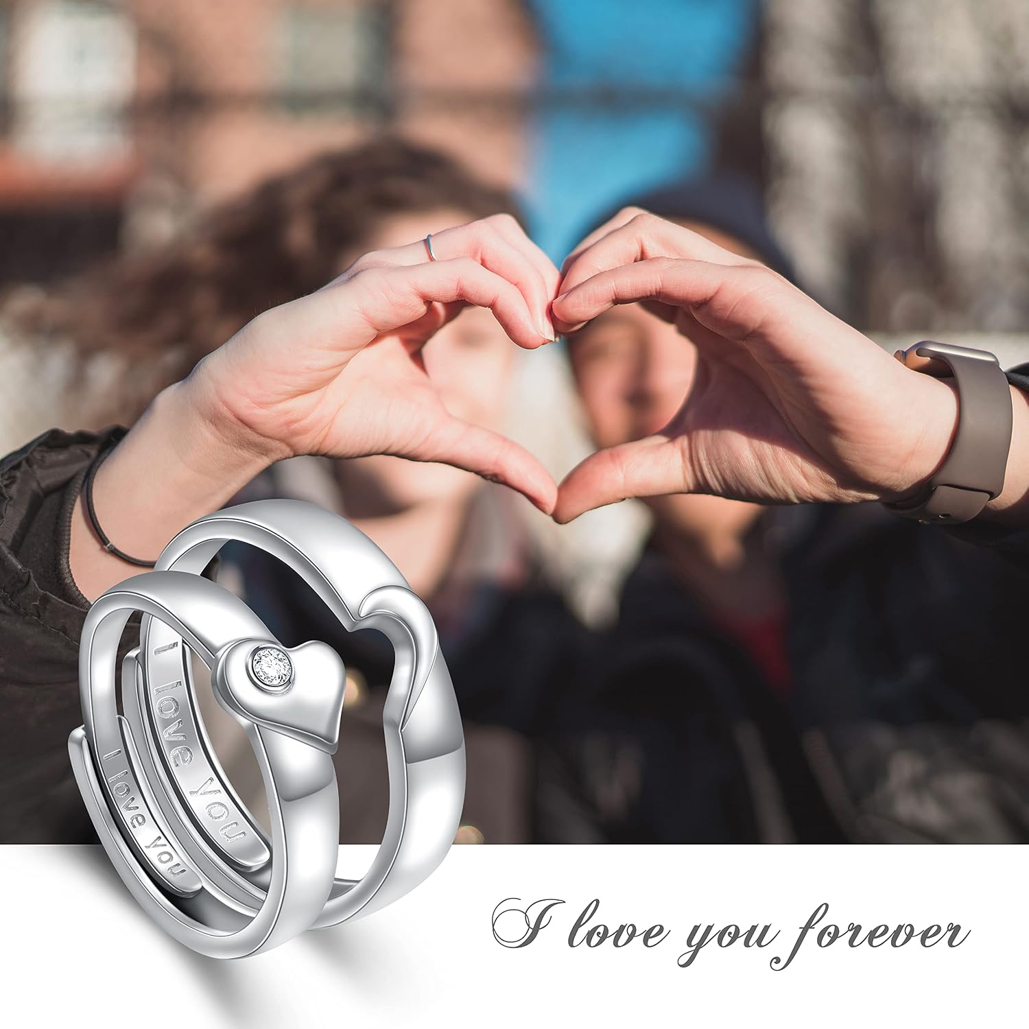 DAOCHONG 925 Sterling Silver Couple Rings Set Matching Heart Rings Promise Rings for Couples I Love You Band Ring Adjustable Women Men