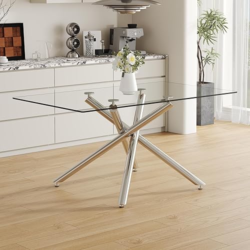Miniatura 4 de Large Rectangular Glass Dining Table with 0.39" Tempered Glass Tabletop and Silver Chrome Metal Legs, for Kitchen Dining Living Meeting Room Banquet