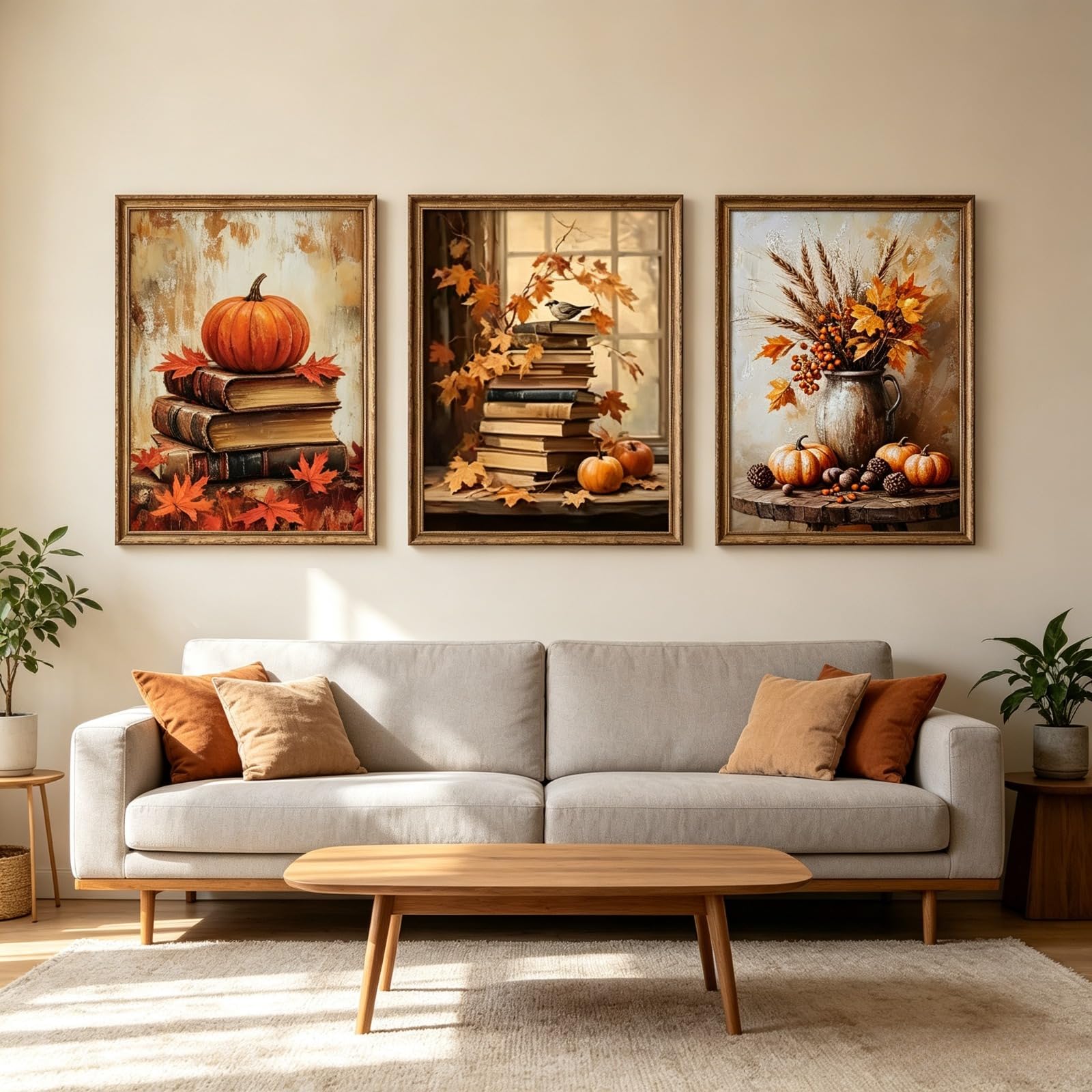 Set of 3 Posters,Vintage Fall Wall Art,Fall Pumpkins Wall Art Prints Decor,Falling Leaves Pumpkin Fall Artwork Print,Farmhouse Decor,for Living Room Bedroom Kitchen Thanksgiving Halloween (50x70cm)