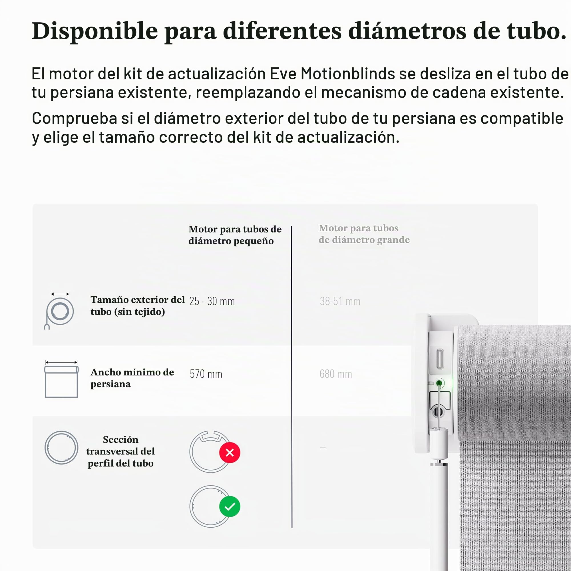 Eve Motionblinds Kit de modernización para estores enrollables (Matter) - Motor para Tubos de diámetro pequeño; actualiza Tus estores;req. Router de Borde Thread;Control por Voz/App/automatizado