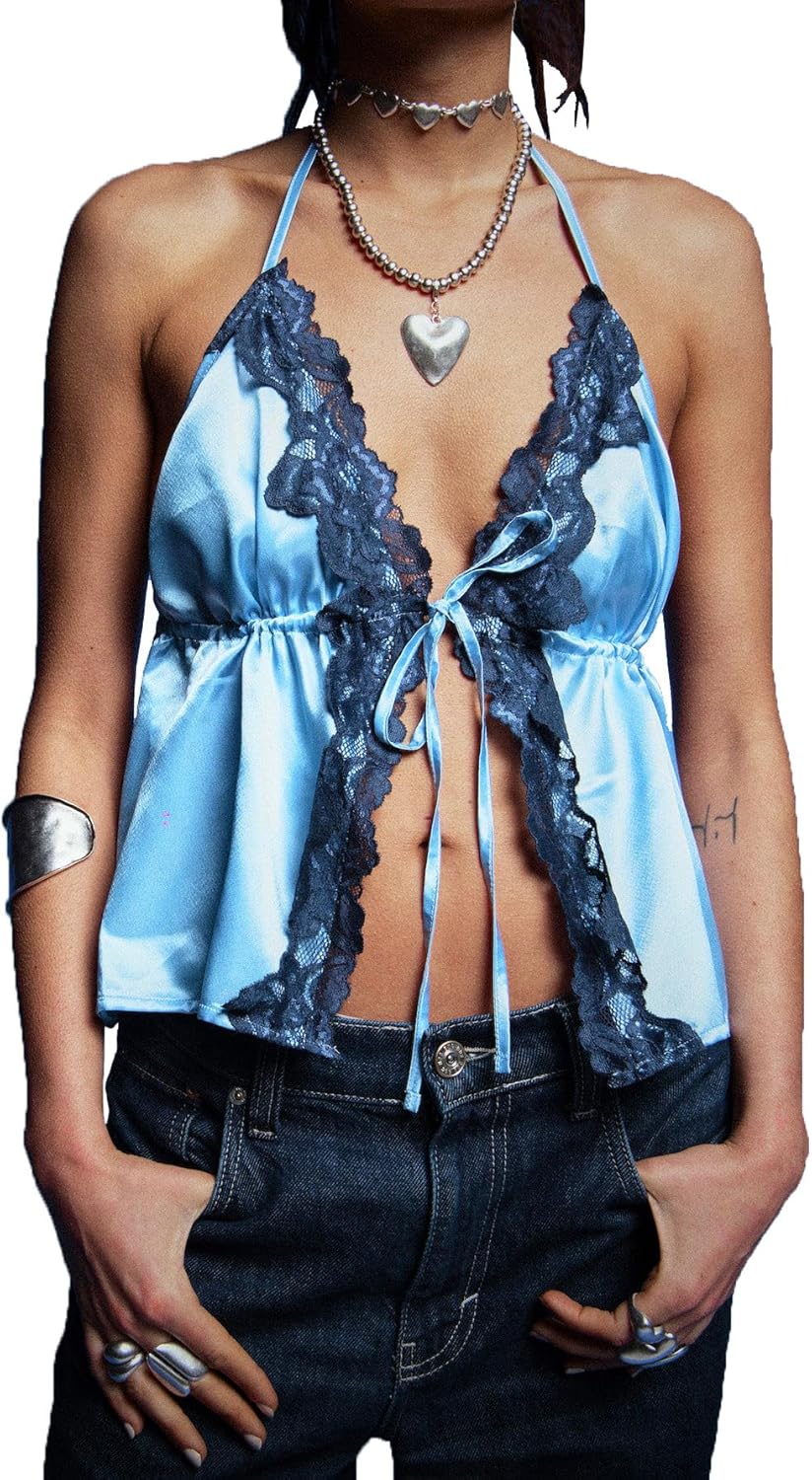 Women Y2K Satin Tank Tops Vintage Lace Trim Tie Up Togo Ubuy
