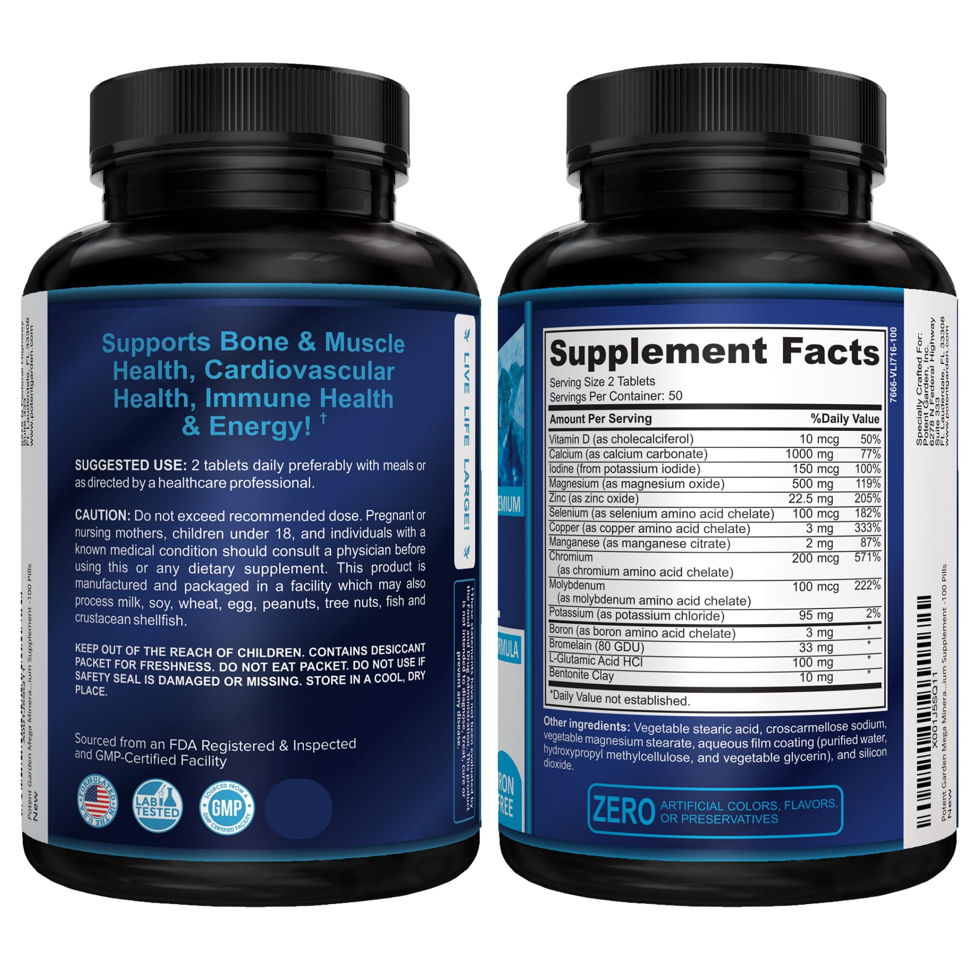 Potent Garden Mega Mineral Supplement Complete Mineral Complex with Calcium Magnesium Zinc Potassium Boron Selenium Chromium & 72 Trace Minerals Iron Free Calcium Supplement -100 Pills — Amazon image 4