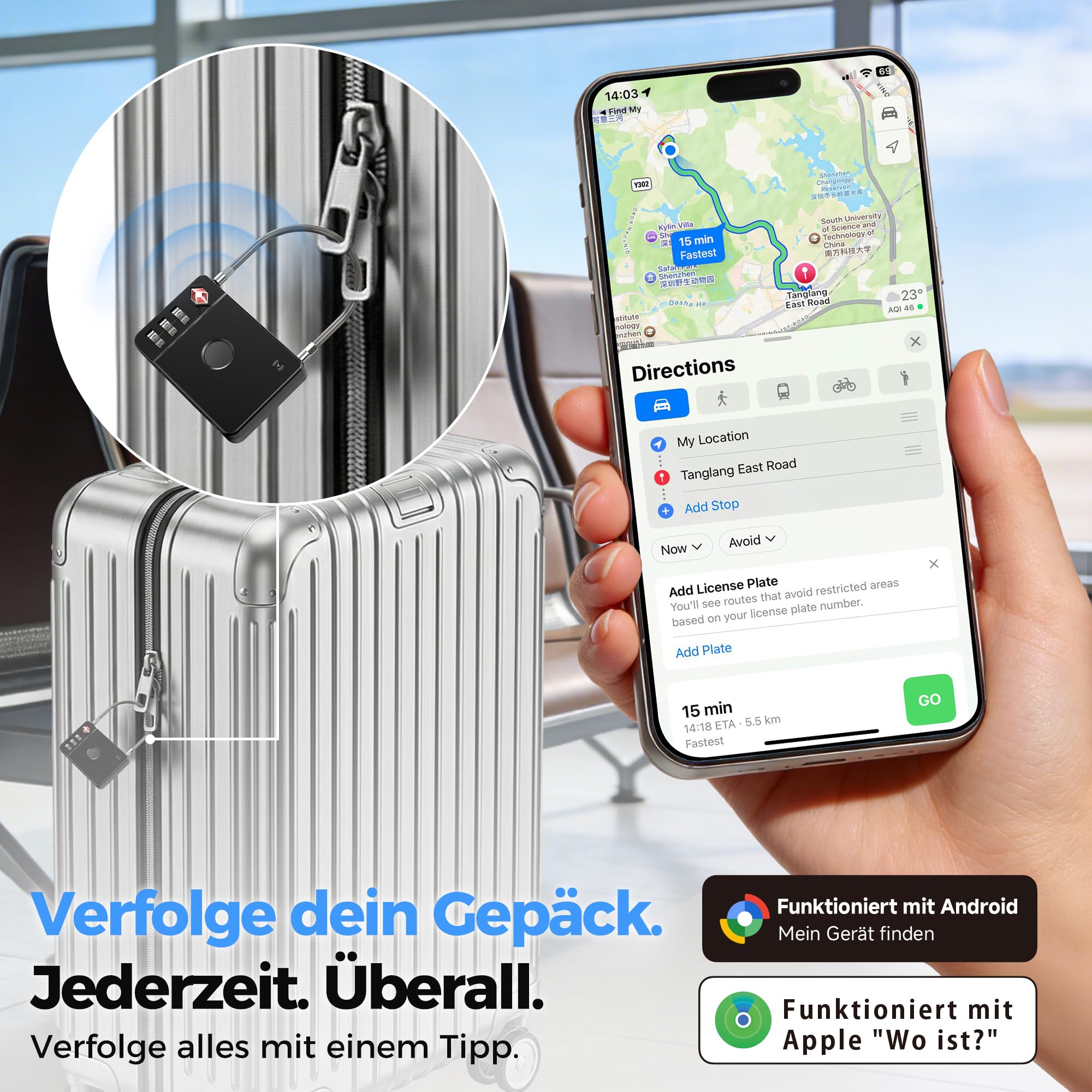 MiLi Candado inteligente para maleta con tracker, candado de viaje aprobado por TSA, compatible con iOS Buscar & Google Localizador App, candado con combinación para maleta, mochila y funda para arma