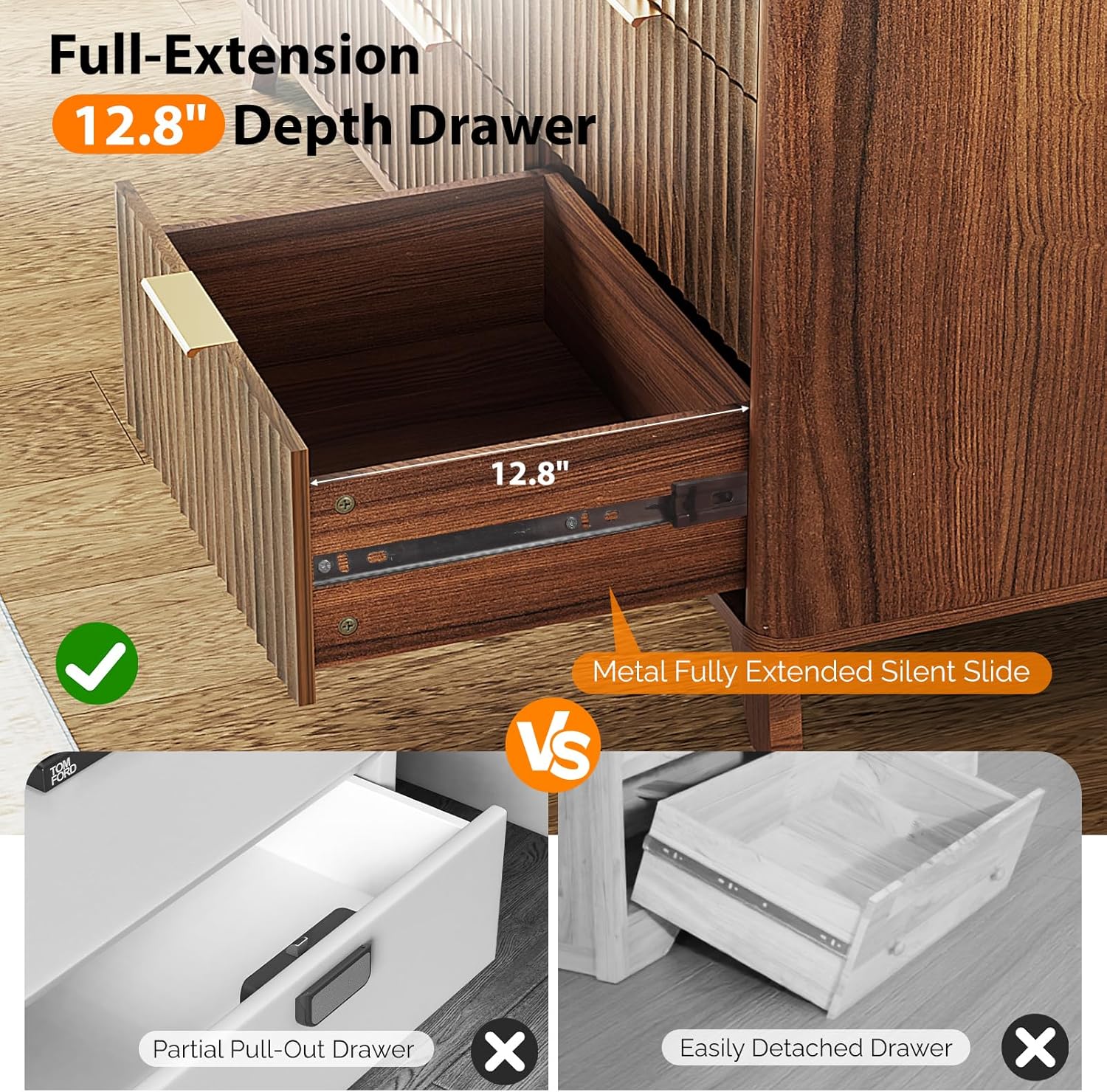 Bonnlo Fluted Dressers Chest of Drawers,57" Fluted Wide Modern Dresser with Metal Handle, Curved Profile Design, Wood Drawer Organizer for Bedroom, Walnut