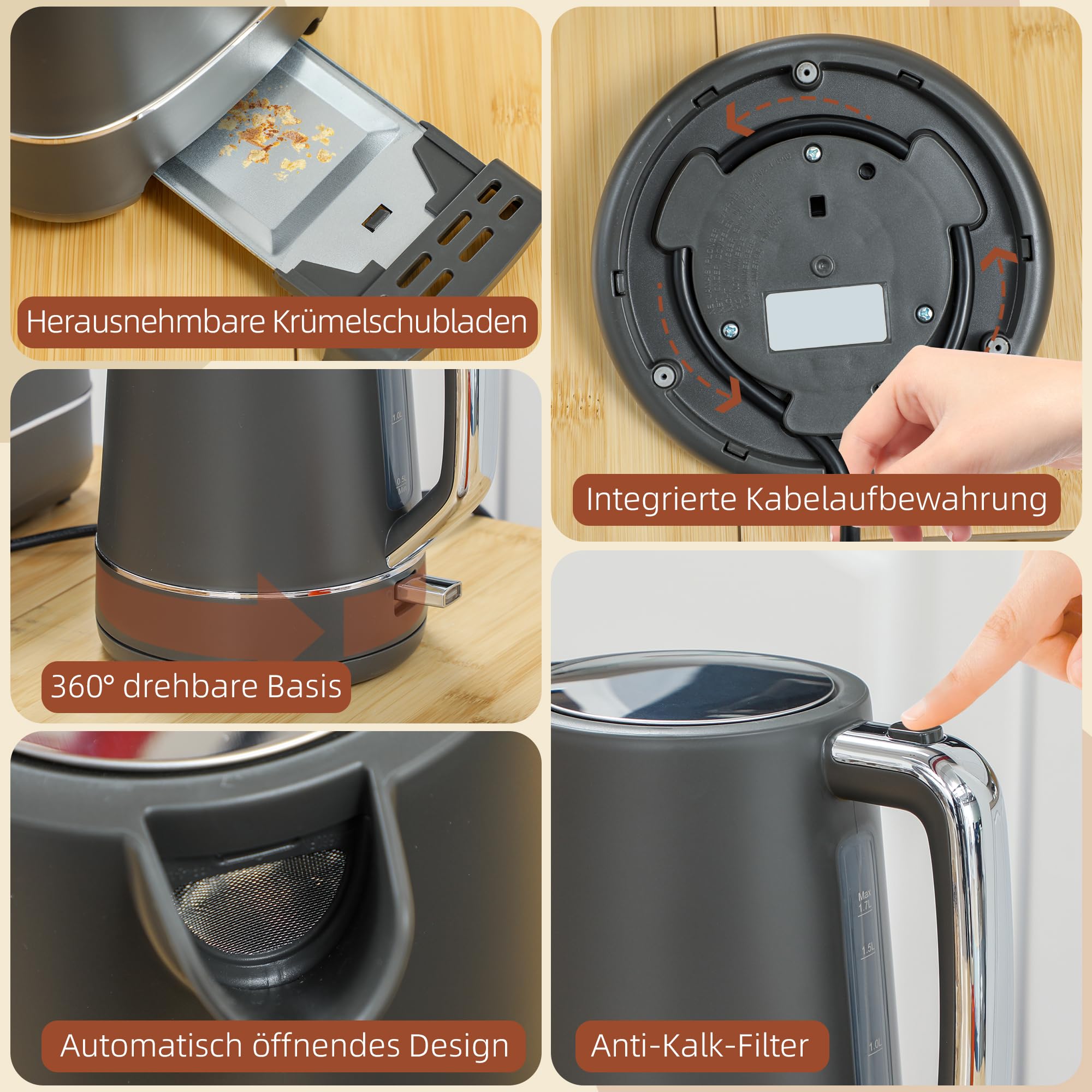 HOMCOM Set di tostapane per bollitore elettrico, 2200 W, 1,7 l, 2 fette, 6 livelli di doratura, riscaldamento e scongelamento, set per la colazione con filtro anticalcare e scomparto per briciole