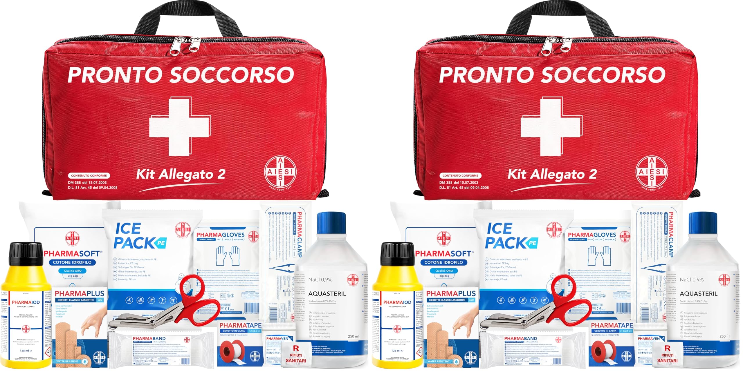 AIESI® Cassetta medica di pronto soccorso (Borsa) con ALLEGATO 2 per aziende meno 3 dipendenti, Conforme DM388/DL81, Made in Italy (Confezione da 2)