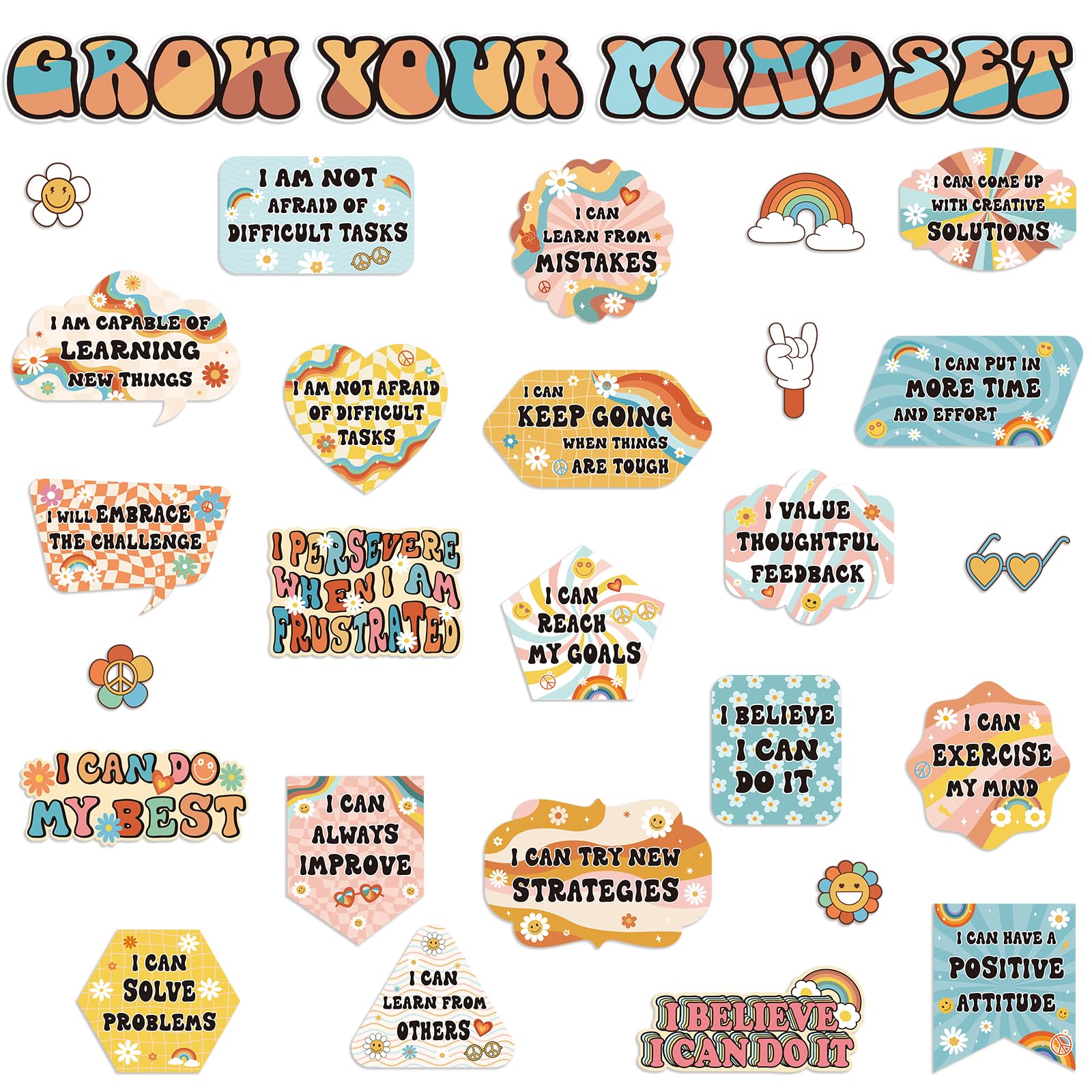 29Pcs Retro Groovy Bulletin Board Classroom Decorations Grow Your Mindset Motivational Posters Inspirational Positive Sayings Classroom Decor Theme Sets for Teachers Students Middle School Supplies