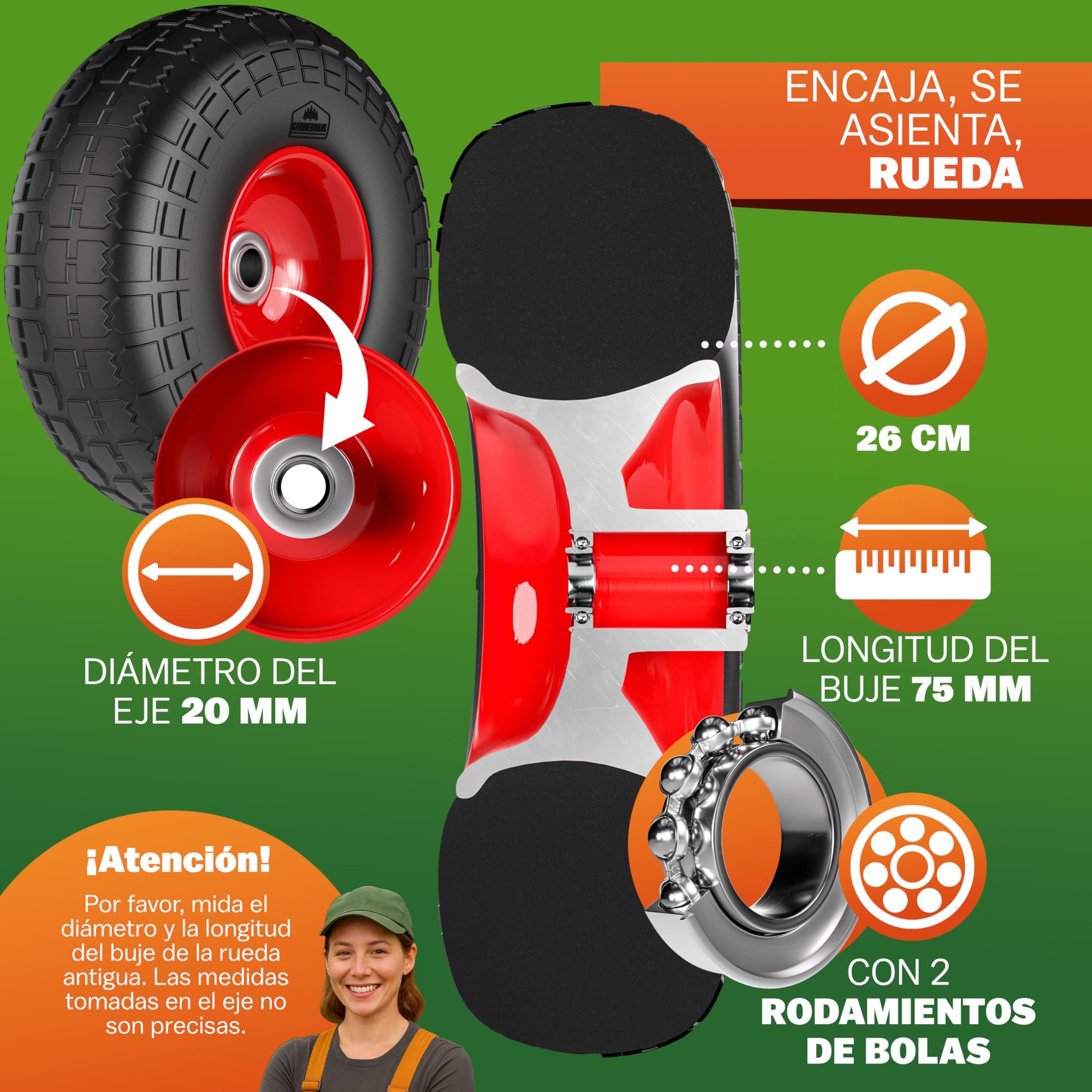 GARDEBRUK® Ruedas de Carretilla Set de 2 Goma Maciza PU Antipinchazos Repuesto Neumático Eje 20 mm Llanta Acero Recambio Capacidad Carga hasta 200 Kg