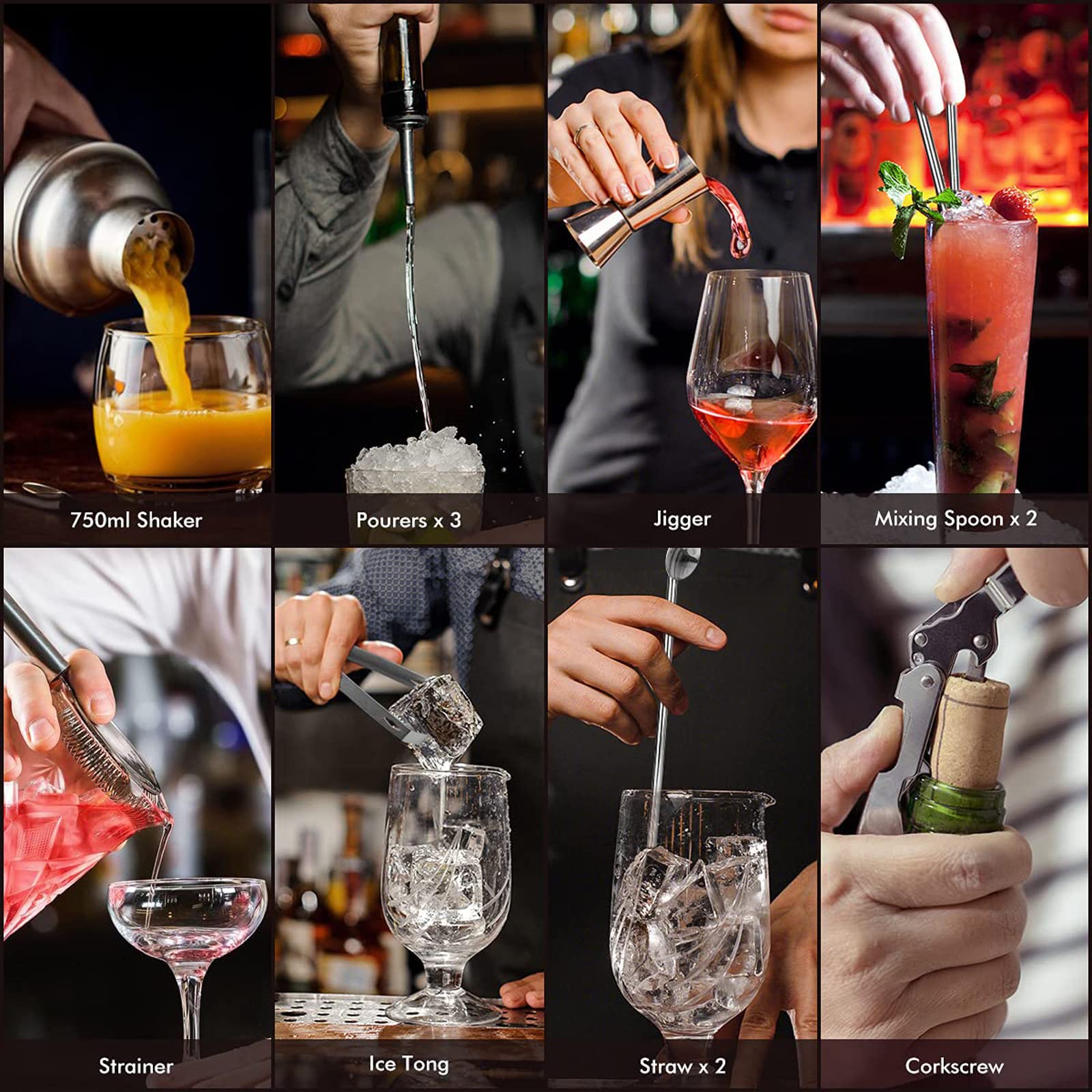 Lychee 12 Pezzi Shaker Cocktail Set Professionale,Premium Set di Accessori da Cocktails in Acciaio Inox,Kit da Barman,Perfetto per Party con Amici (750ML)
