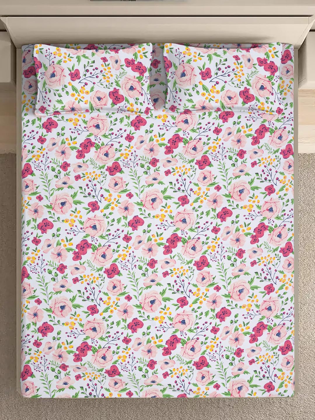 FABINALIV Multicolor Floral 300 TC Cotton Blend King Size Packing Double Bedsheet with 2 Pillow Covers (FLBSPB-1400-Multi)-picture-23
