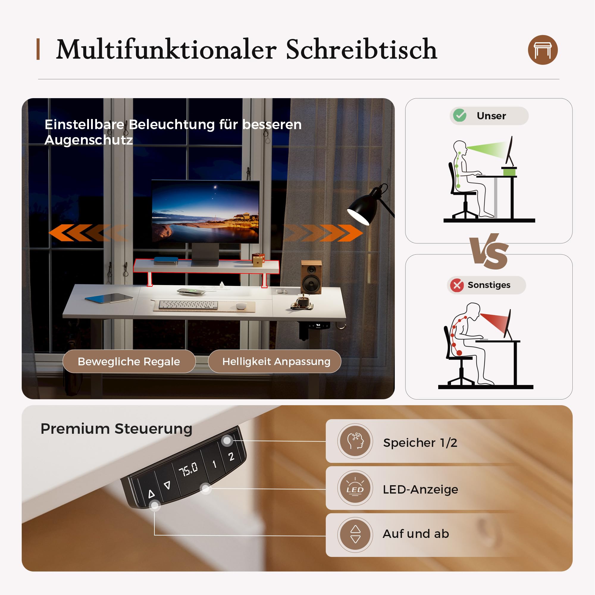 Klicelor Höhenverstellbarer Schreibtisch mit verstellbarem Monitorständer | Schreibtisch elektrisch 120 x 80 cm mit LED-Beleuchtung, USB-Steckdose, 2 Speicherplätzen, Homeoffice, Weiß