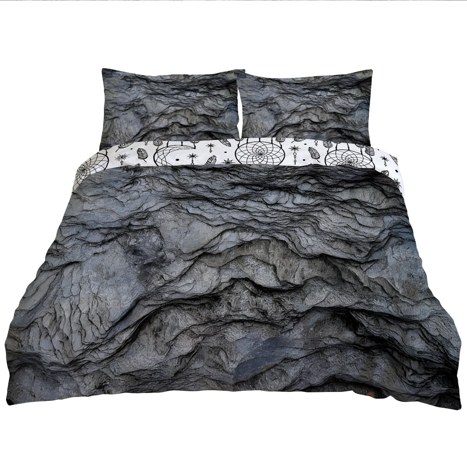 Housse de couette 240x220 microfibre grise et attrape-rêves lit 2 personnes avec taies