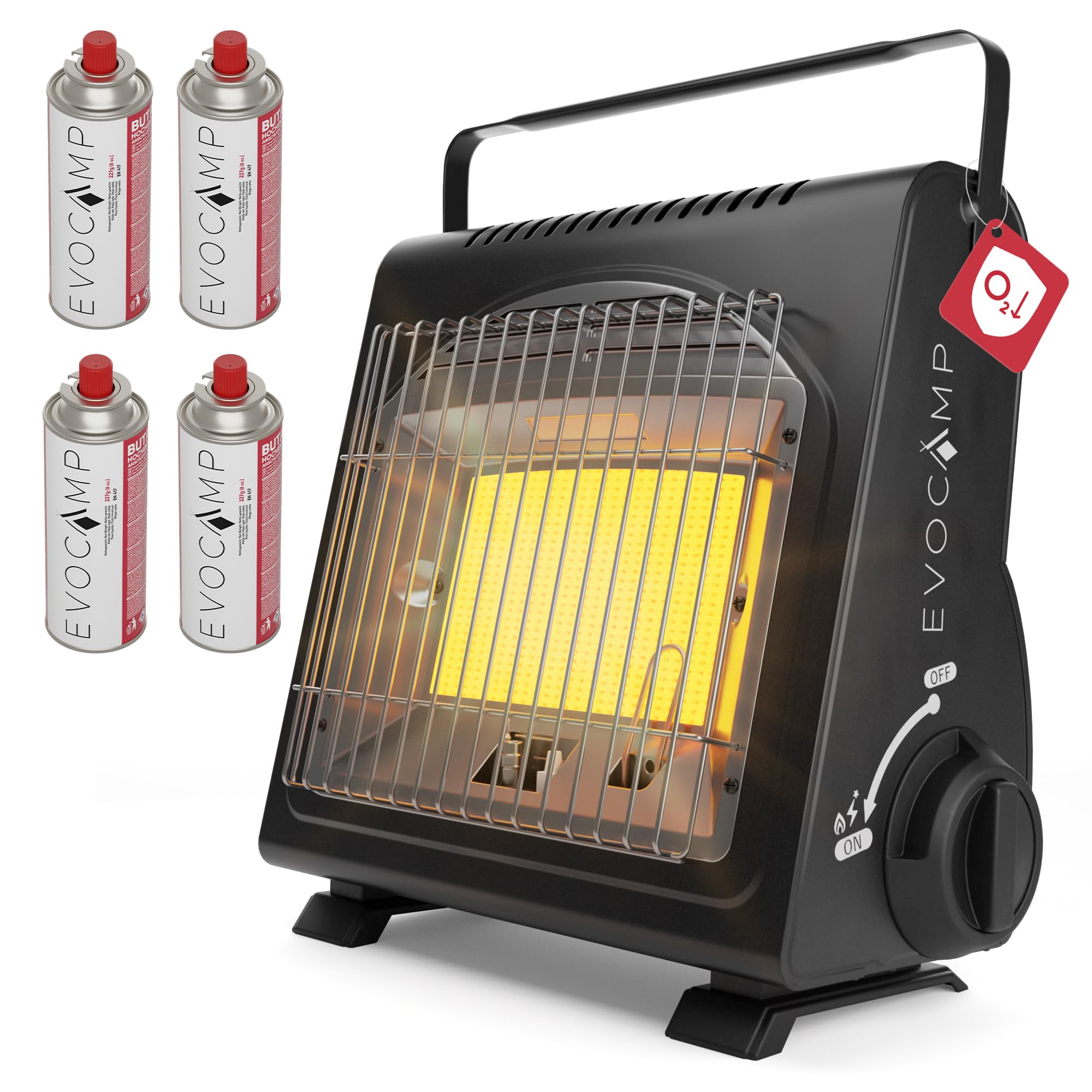 EVOCAMP Riscaldatore a gas portatile, riscaldatore da campeggio 1,7 kW, riscaldatore a gas per esterni con sistema di sicurezza contro la carenza di ossigeno (+ 4 cartucce di gas)