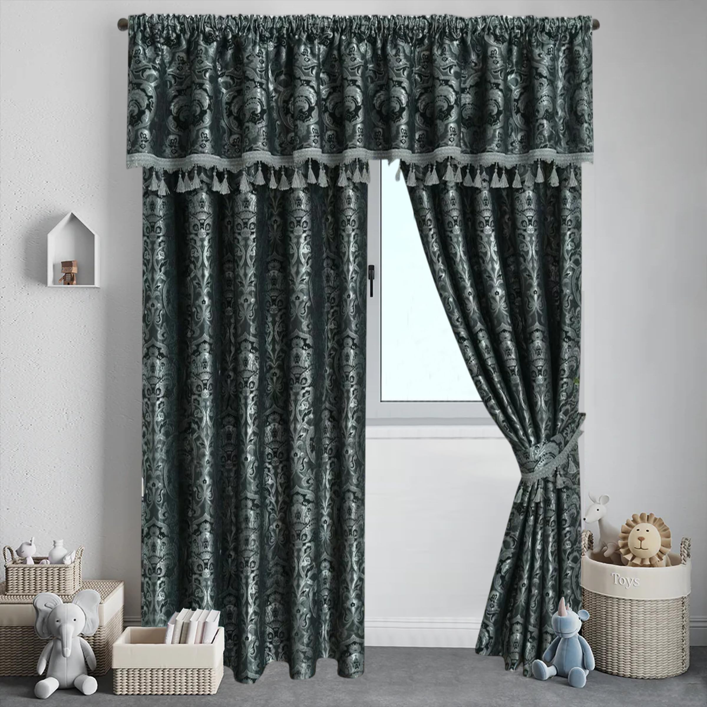 THL Chenille Blackout Heavy Jacquard Luxury Curtain Pair Pencil Pleat Fully Lined Grey, 66 x 90
